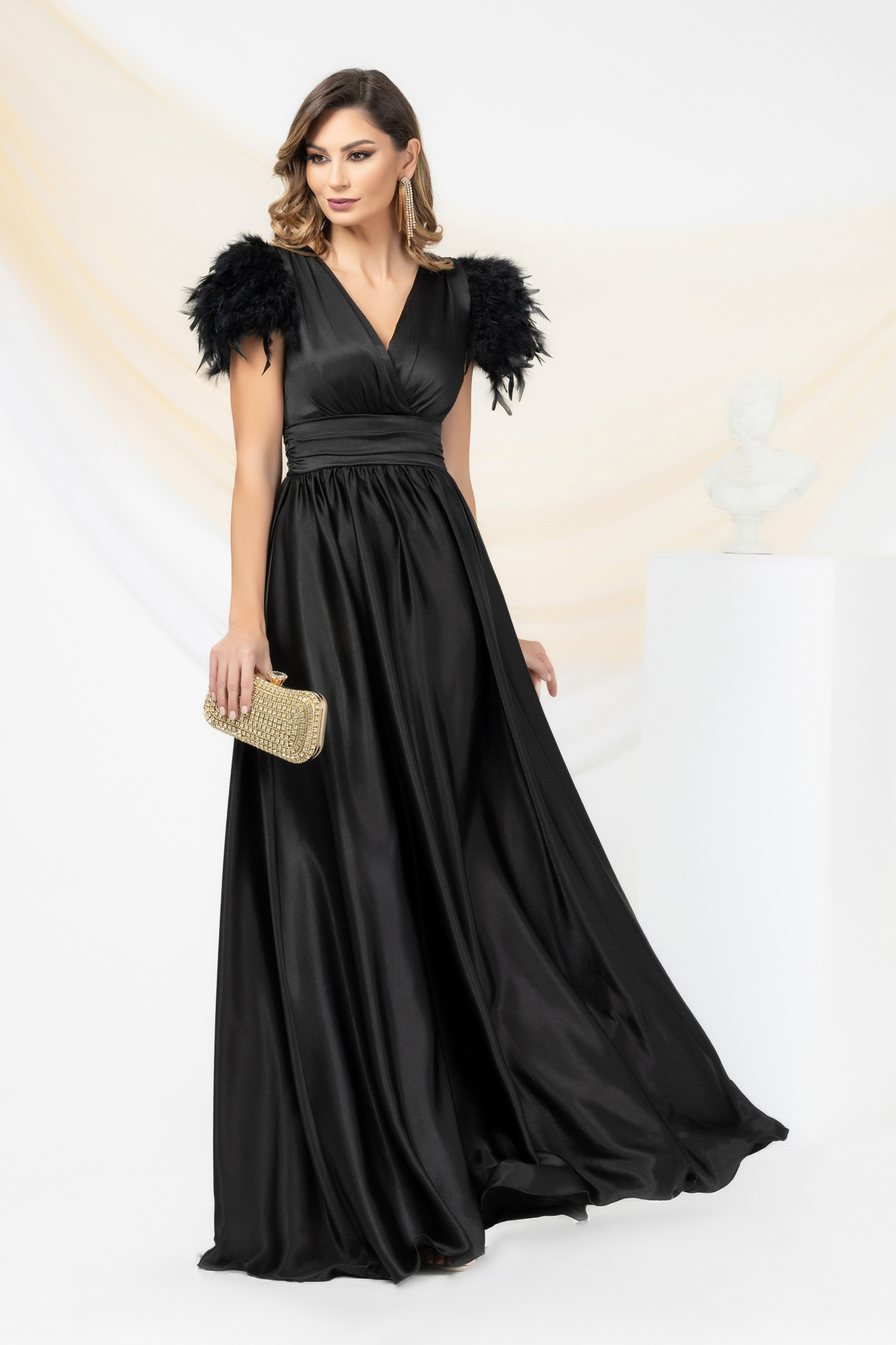 Long satin voile dress in black with feathered shoulders - PrettyGirl