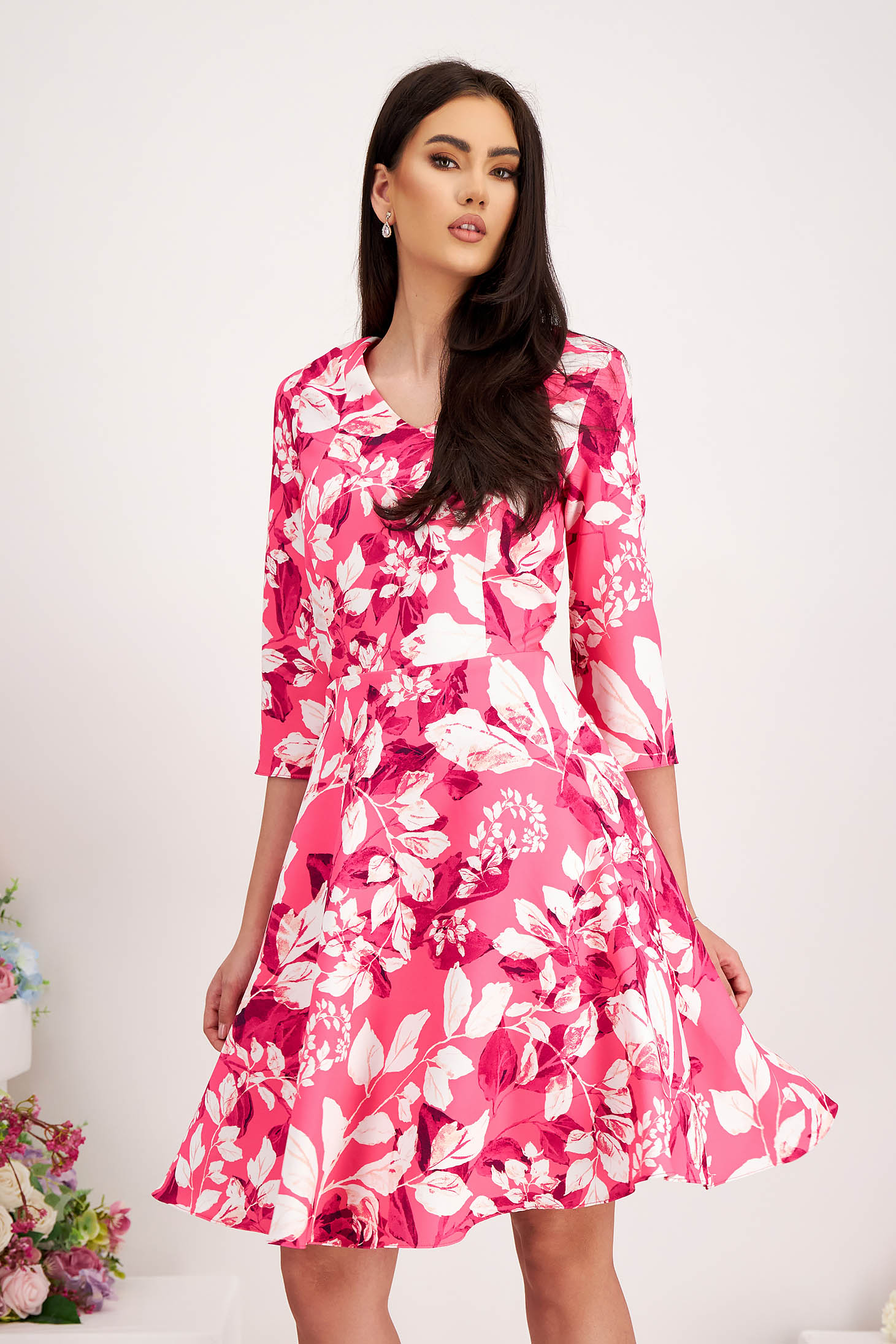 Rochie din stofa elastica in clos cu buzunare laterale si imprimeu digital - StarShinerS