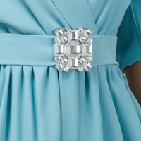 Light Blue Elastic Fabric Dress with Crossover Neckline and Detachable Belt - PrettyGirl