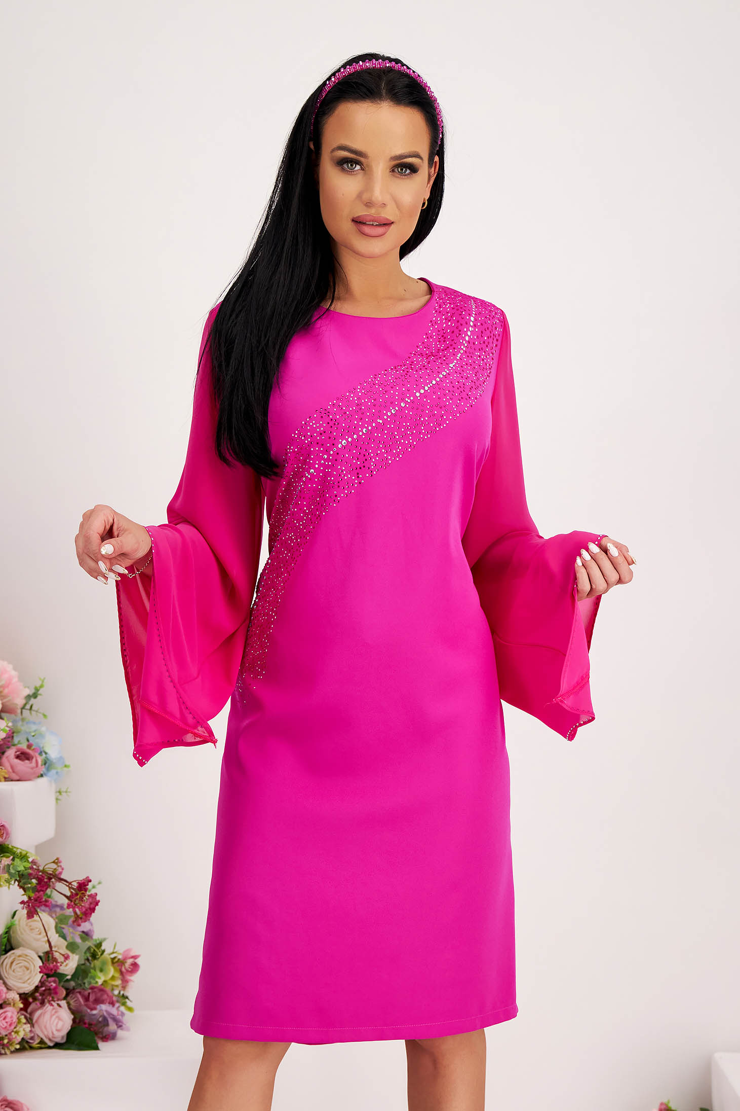 Fuchsia dress elastic cloth pencil with veil sleeves with butterfly sleeves with crystal embellished details