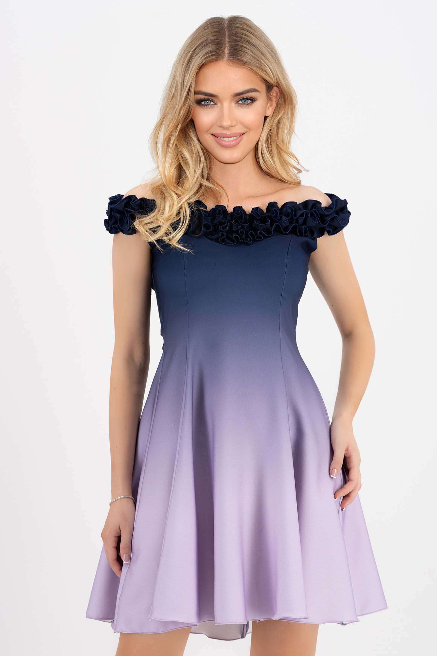 Rochie din stofa elastica mov scurta in clos cu volanase si imprimeu degrade custom made  - StarShinerS 1 - StarShinerS.ro