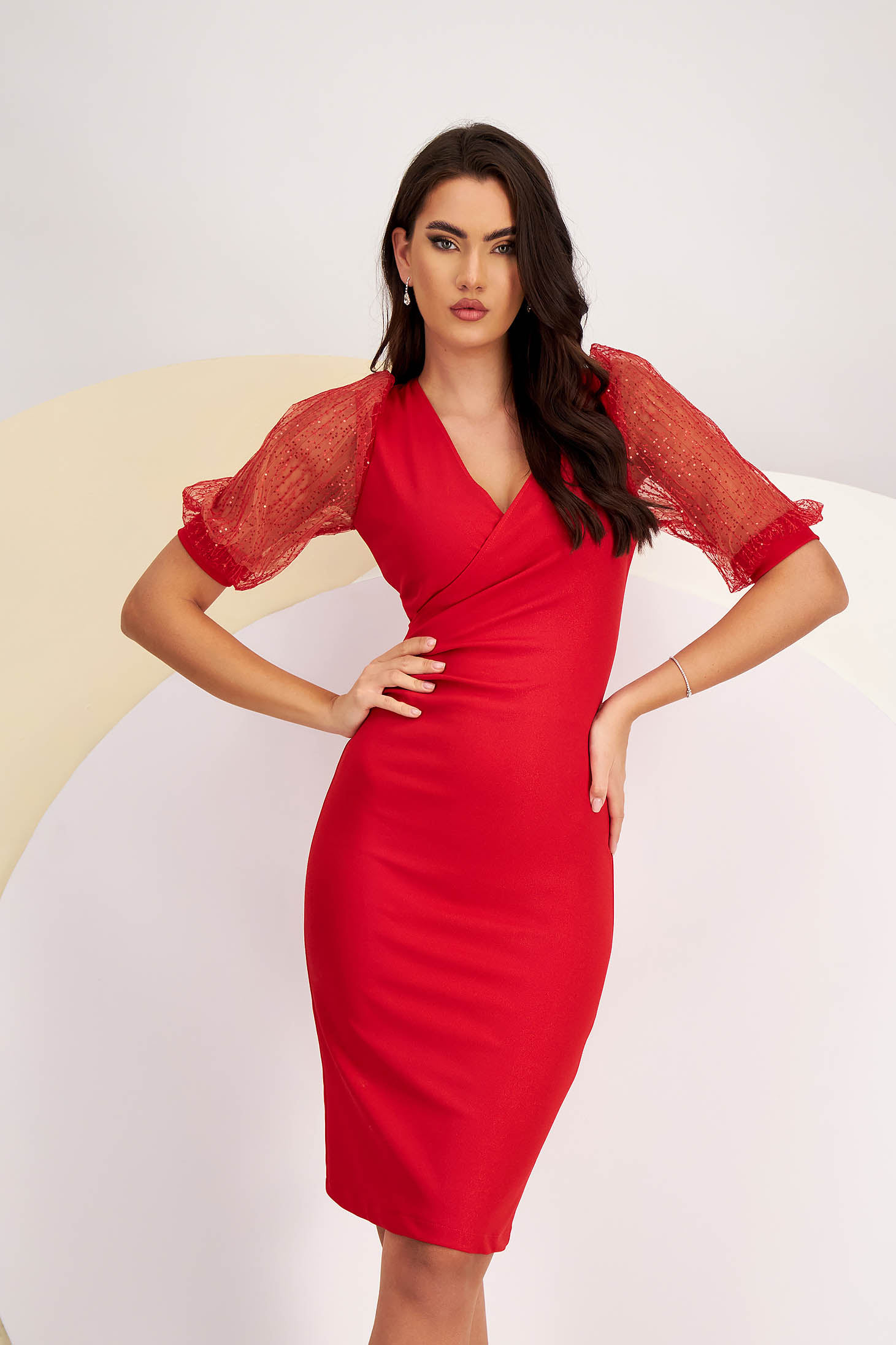 Red Crepe Pencil Dress with Lace Sleeves and Crossover Neckline - StarShinerS