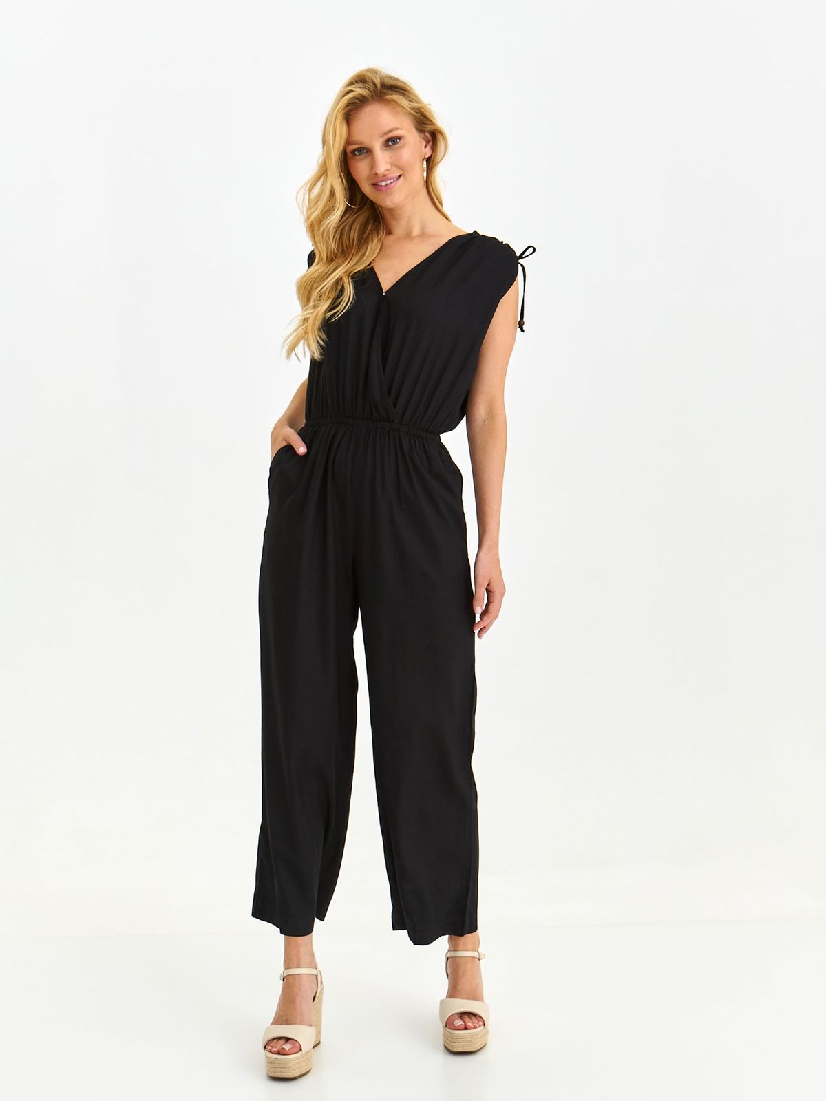 Black jumpsuit long with elastic waist lateral pockets light material