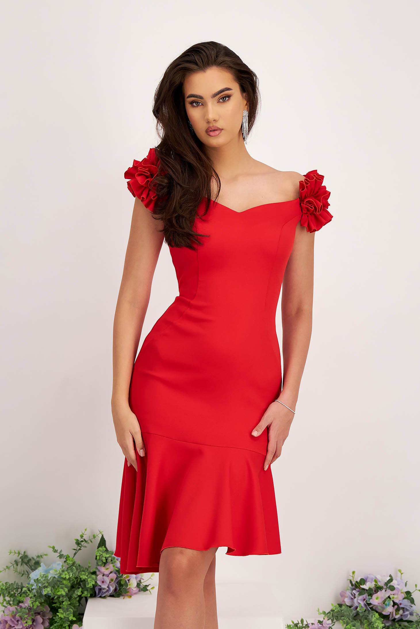 - StarShinerS red dress elastic cloth pencil naked shoulders with ruffle details