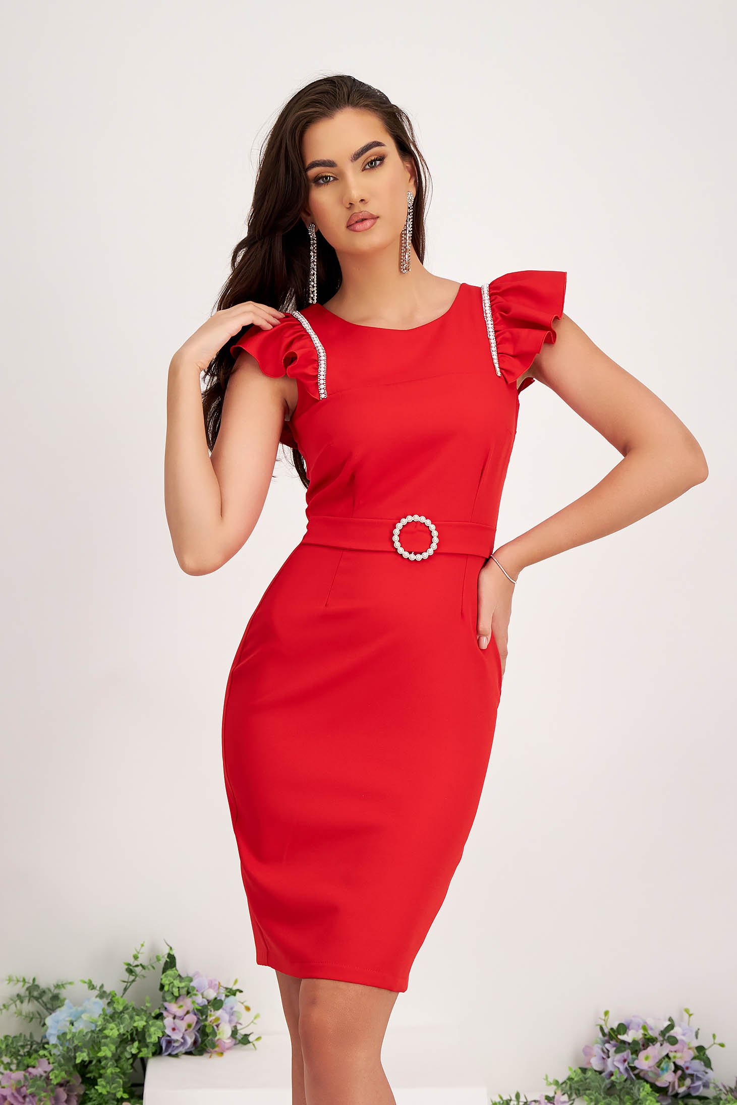 - StarShinerS red dress elastic cloth pencil with ruffled sleeves with crystal embellished details