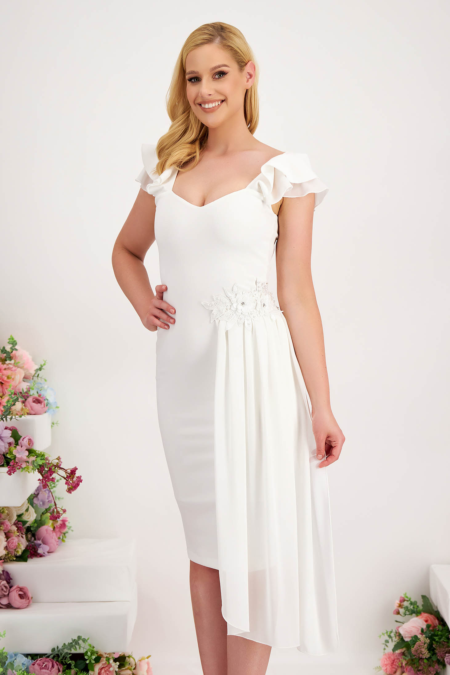 Crep White Pencil Dress with Deep Neckline and Veil Overlay - StarShinerS