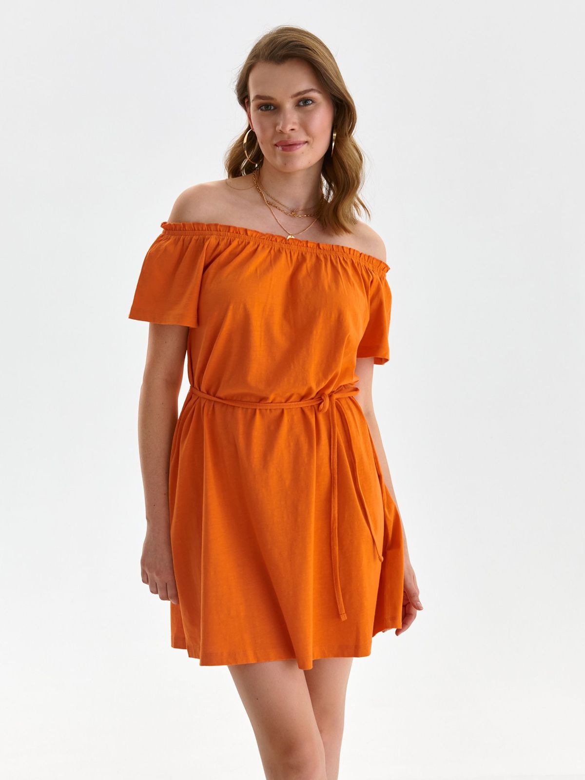 Orange dress short cut loose fit accessorized with tied waistband naked shoulders light material