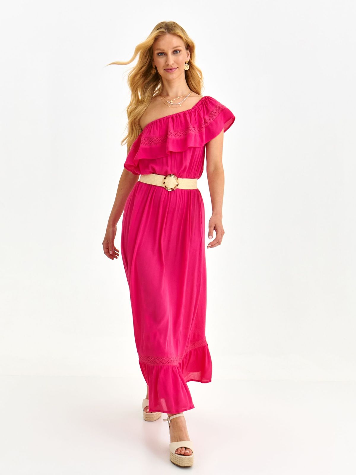 Pink dress light material cloche with elastic waist one shoulder