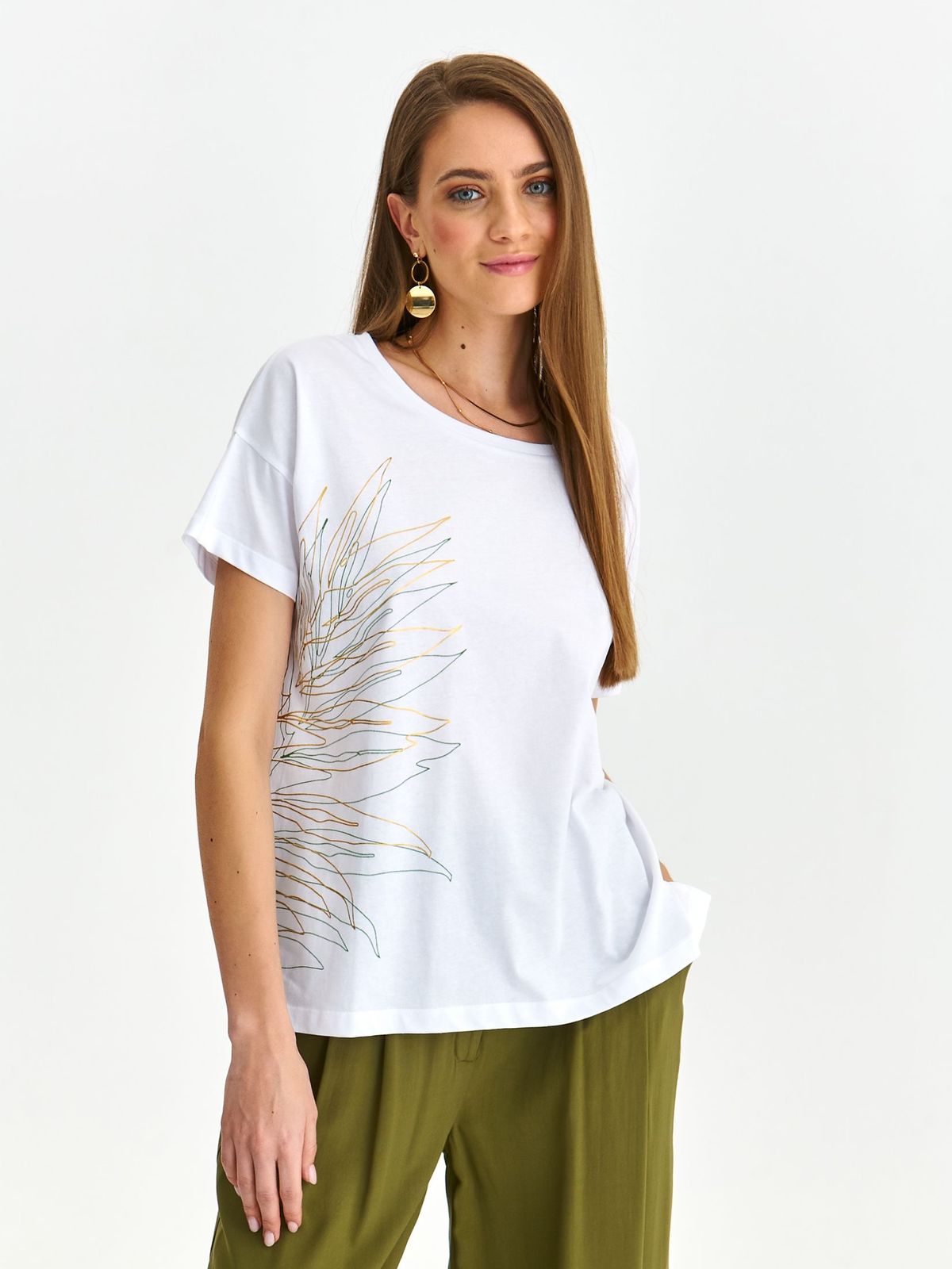 Tricou din bumbac usor elastic alb cu croi larg si imprimeu lateral - Top Secret