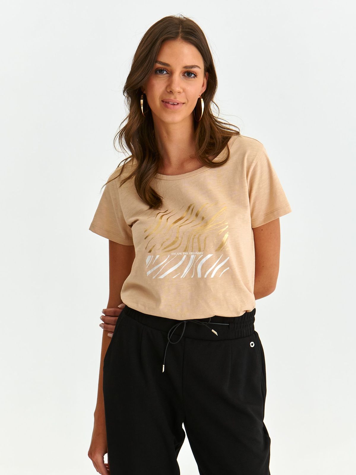 Beige t-shirt slightly elastic cotton loose fit abstract