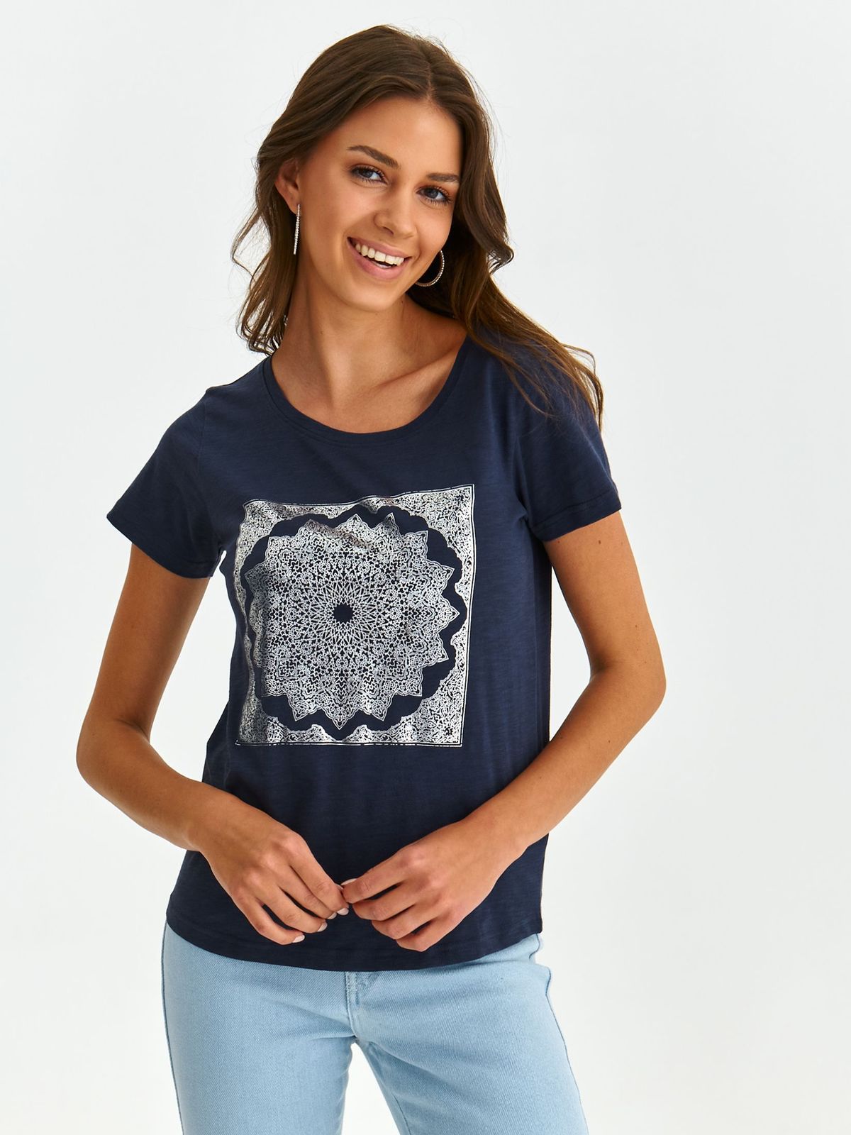 Darkblue t-shirt slightly elastic cotton loose fit abstract