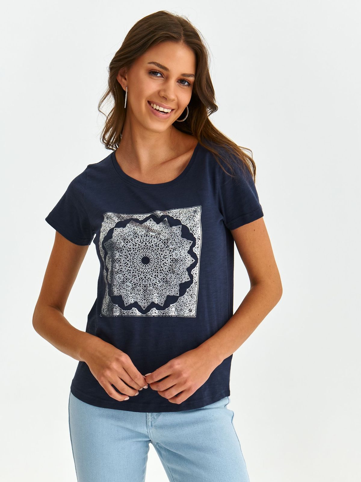 Dark blue t-shirt slightly elastic cotton loose fit abstract
