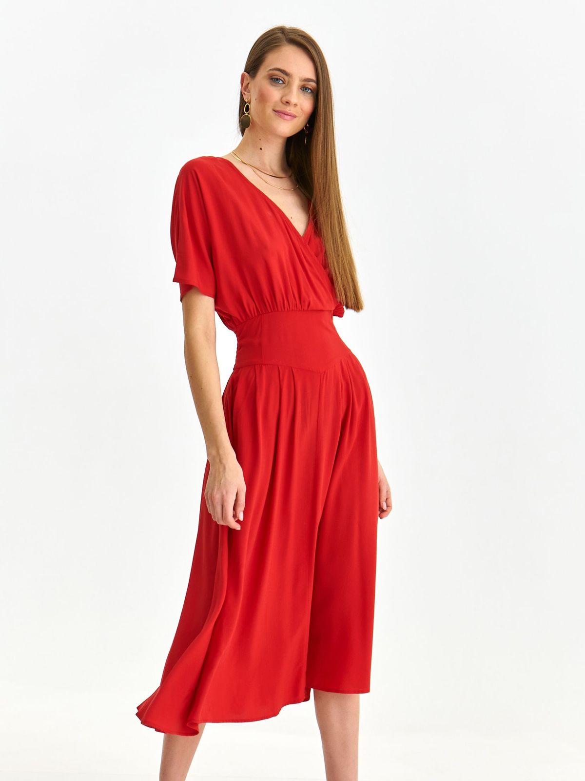 Red dress thin fabric midi cloche wrap over front