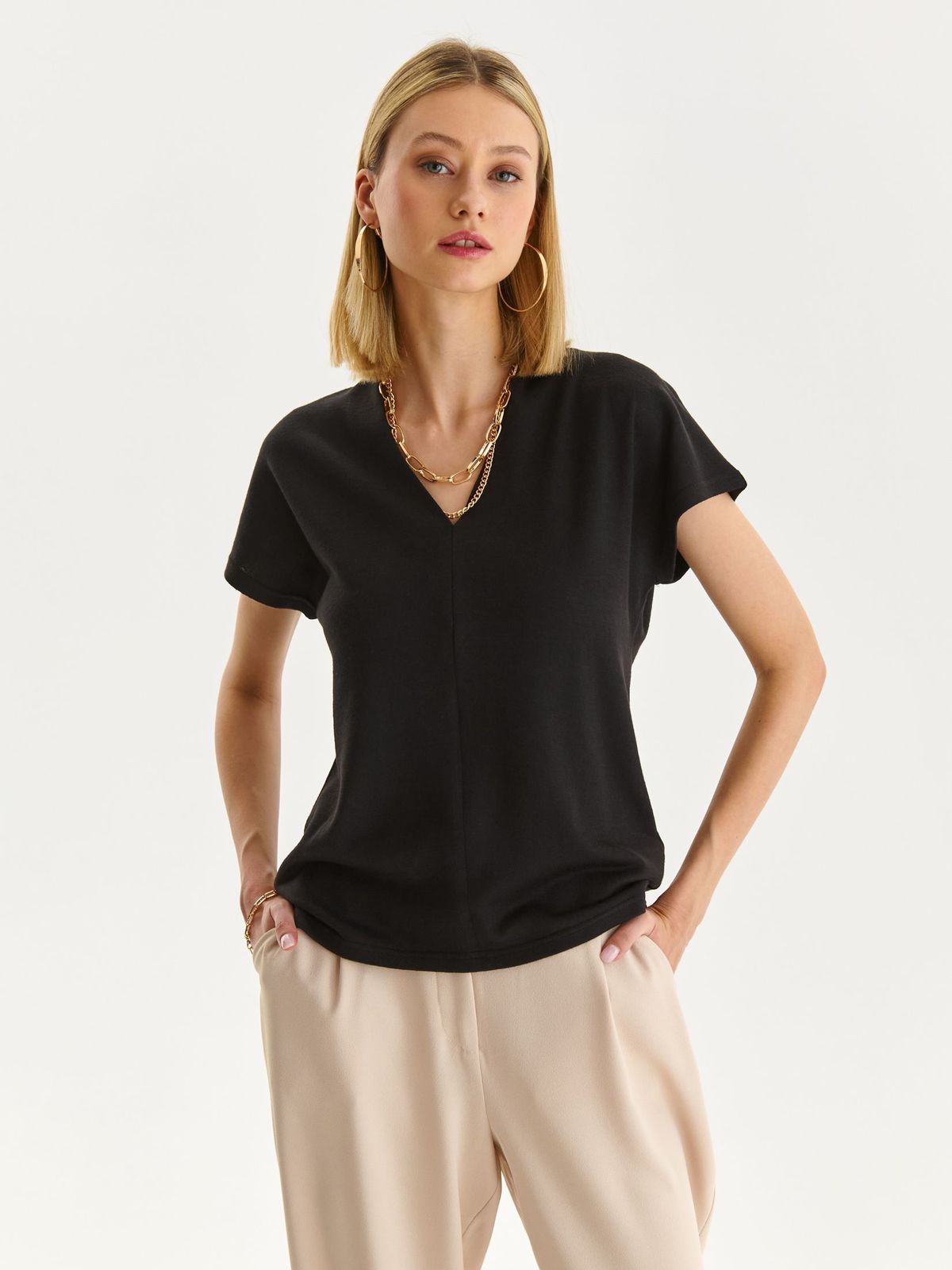 Black women`s blouse thin fabric loose fit with v-neckline