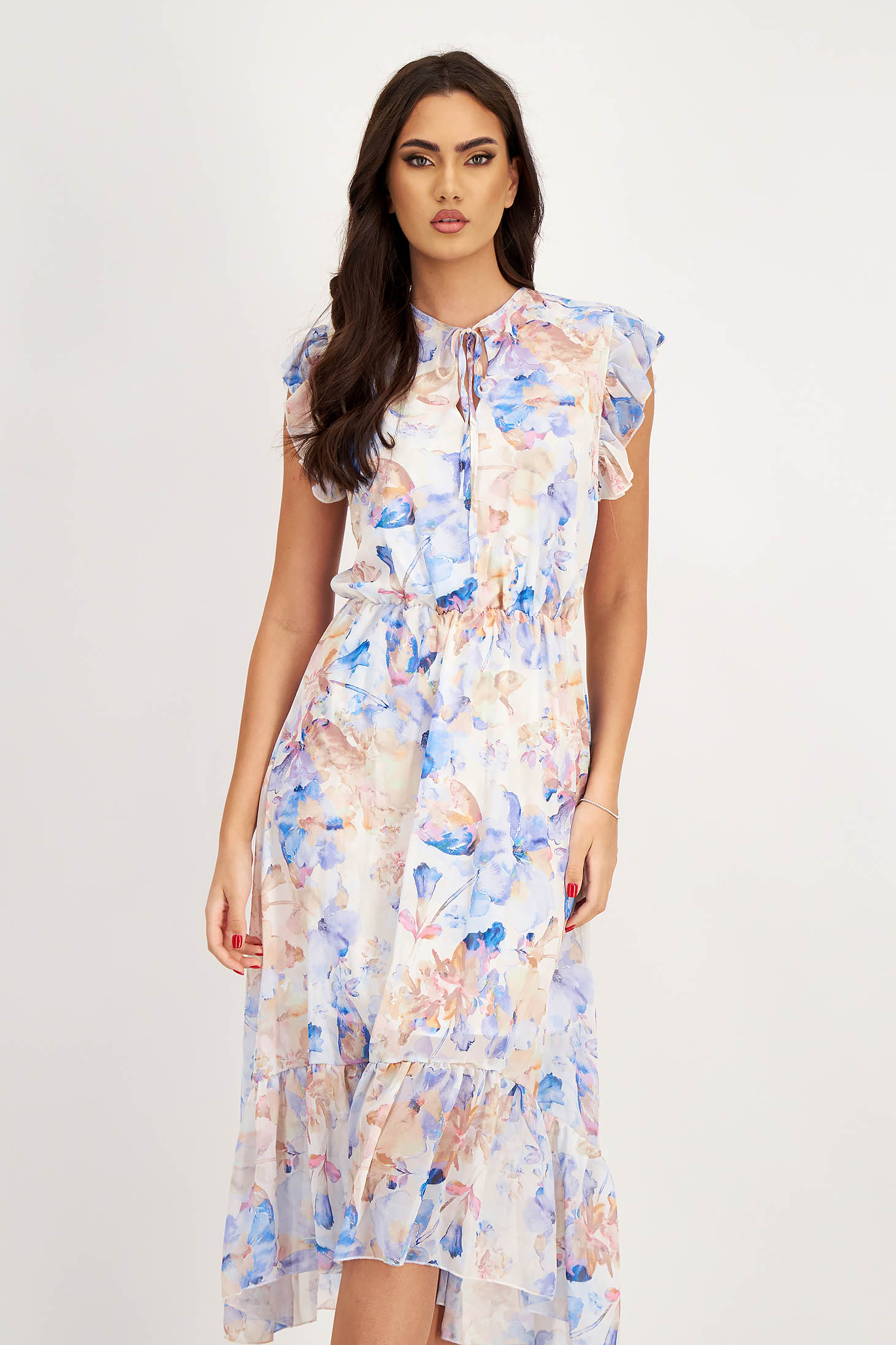 Virágmintás muszlin midi ruha, harang alakú gumirozott derékrésszel 1 - StarShinerS.hu