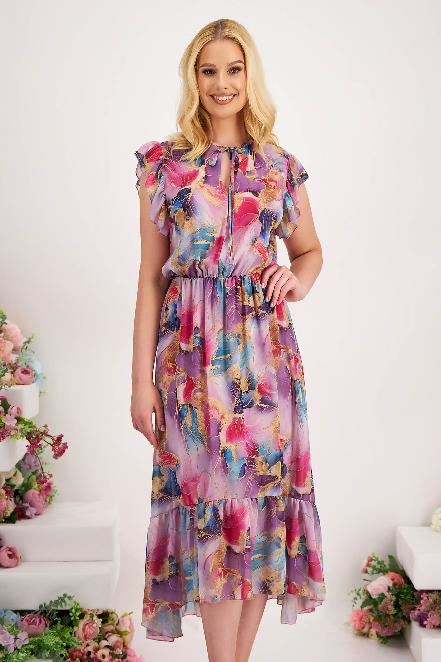 Rochie din voal midi in clos cu elastic in talie si volanase la maneca - StarShinerS