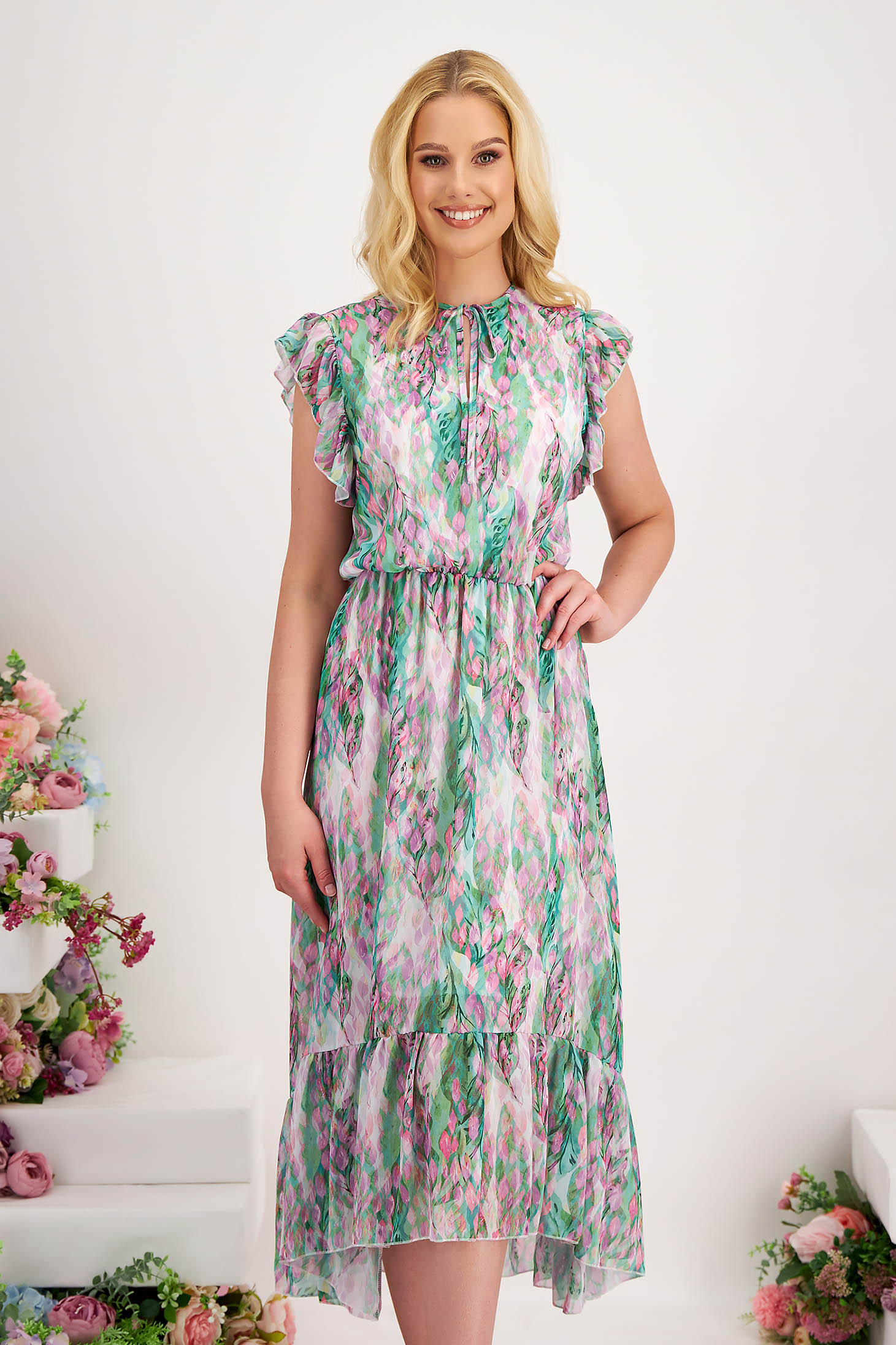 - StarShinerS dress from veil fabric midi cloche with elastic waist with ruffled sleeves