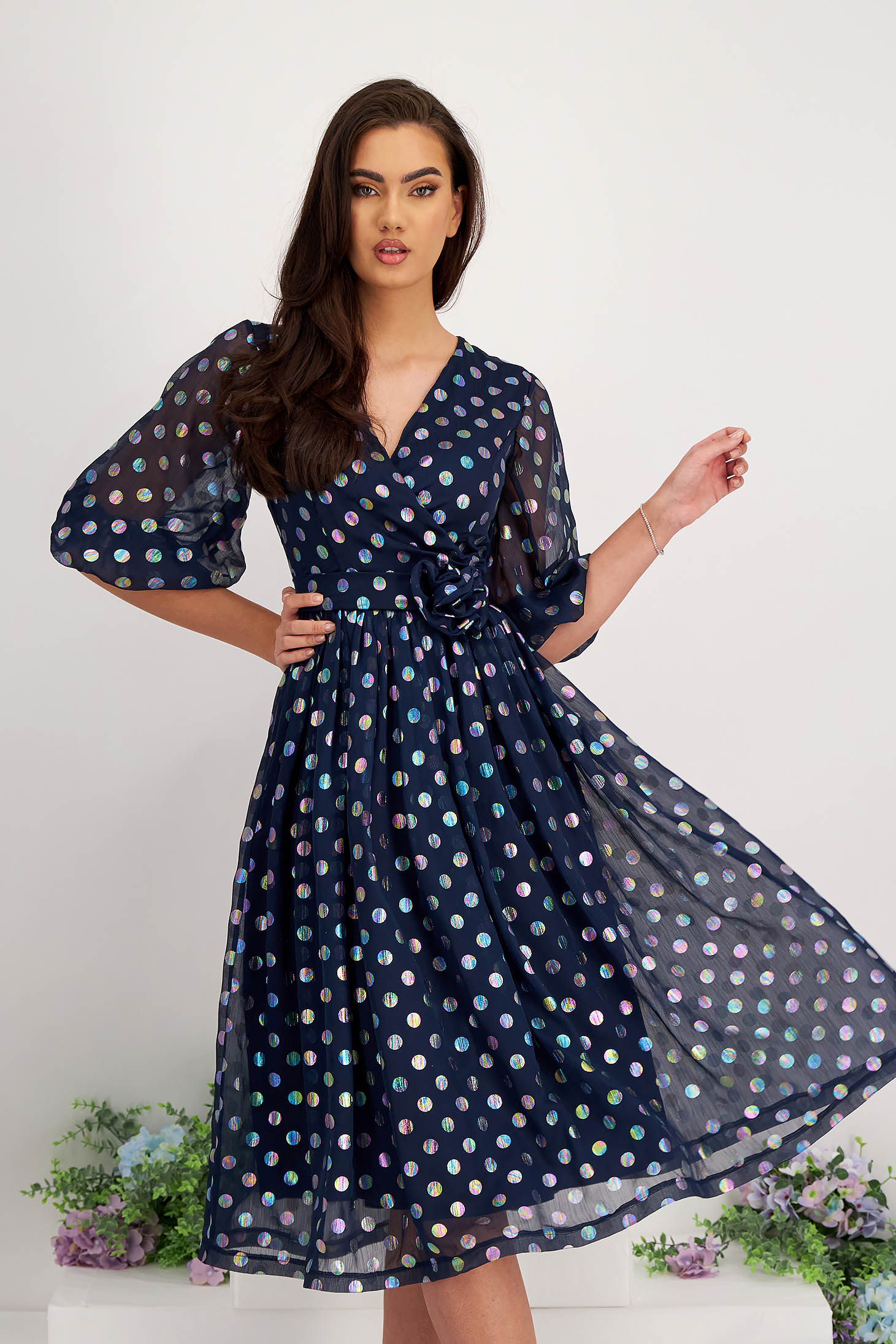 Navy Blue Chiffon Midi A-line Dress with Puffy Sleeves and Flower-Shaped Brooch - StarShinerS