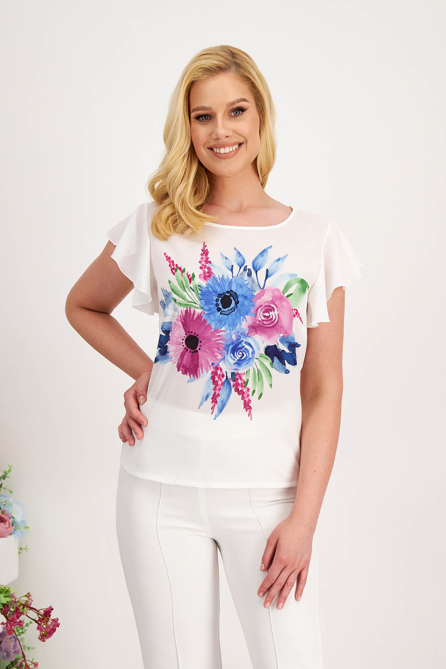 Bluza za dame od voala s širokim krojem i volanima na rukavima s digitalnim tiskom - StarShinerS 1 - StarShinerS.hr