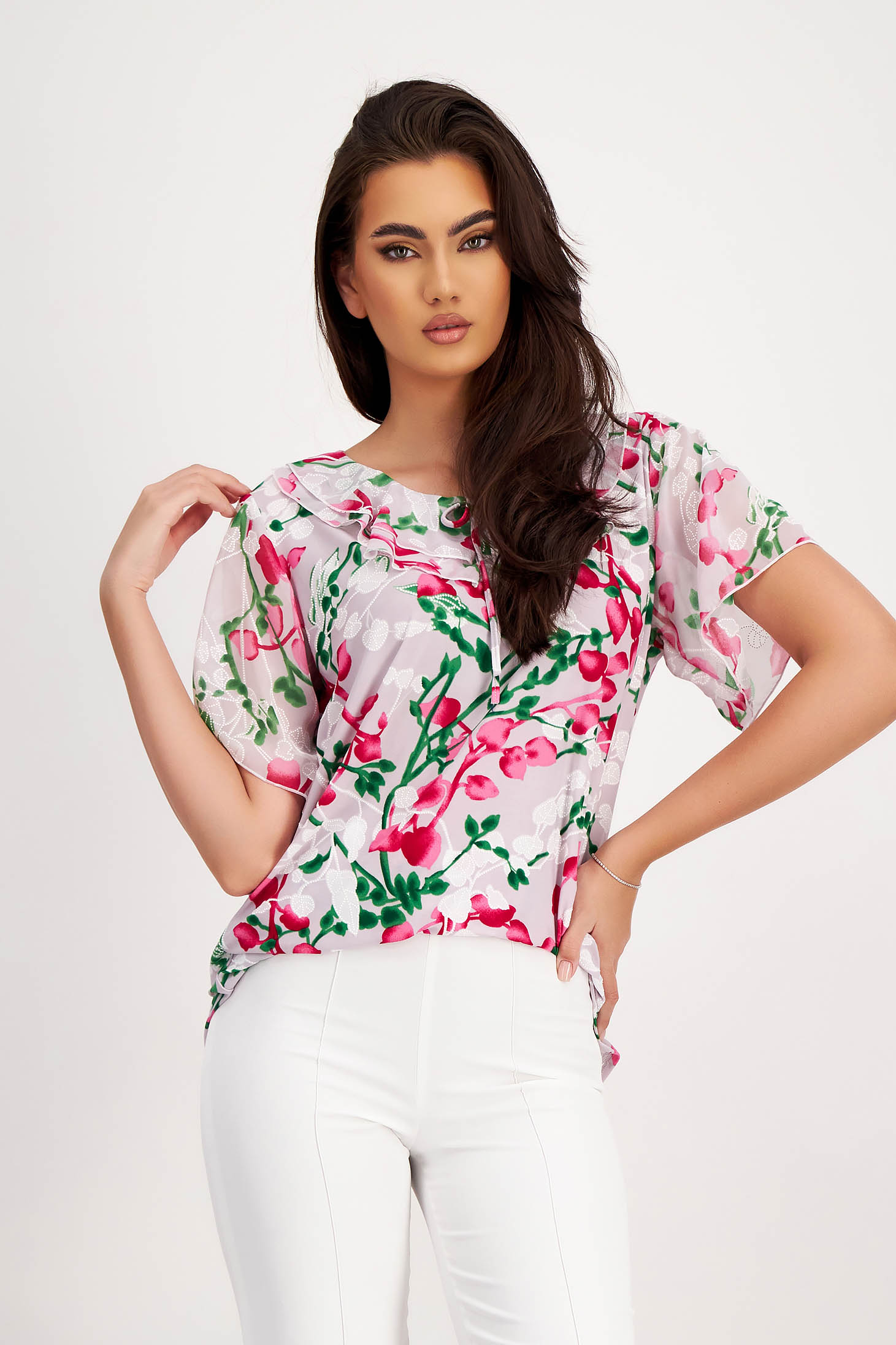 Women`s blouse lycra loose fit frilly trim around cleavage line