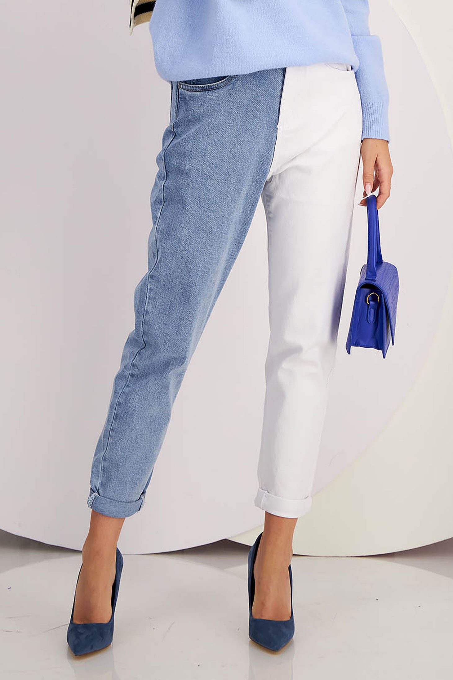 Blugi Mom Fit alb-albastru cu talie inalta si buzunare laterale - SunShine 1 - StarShinerS.ro