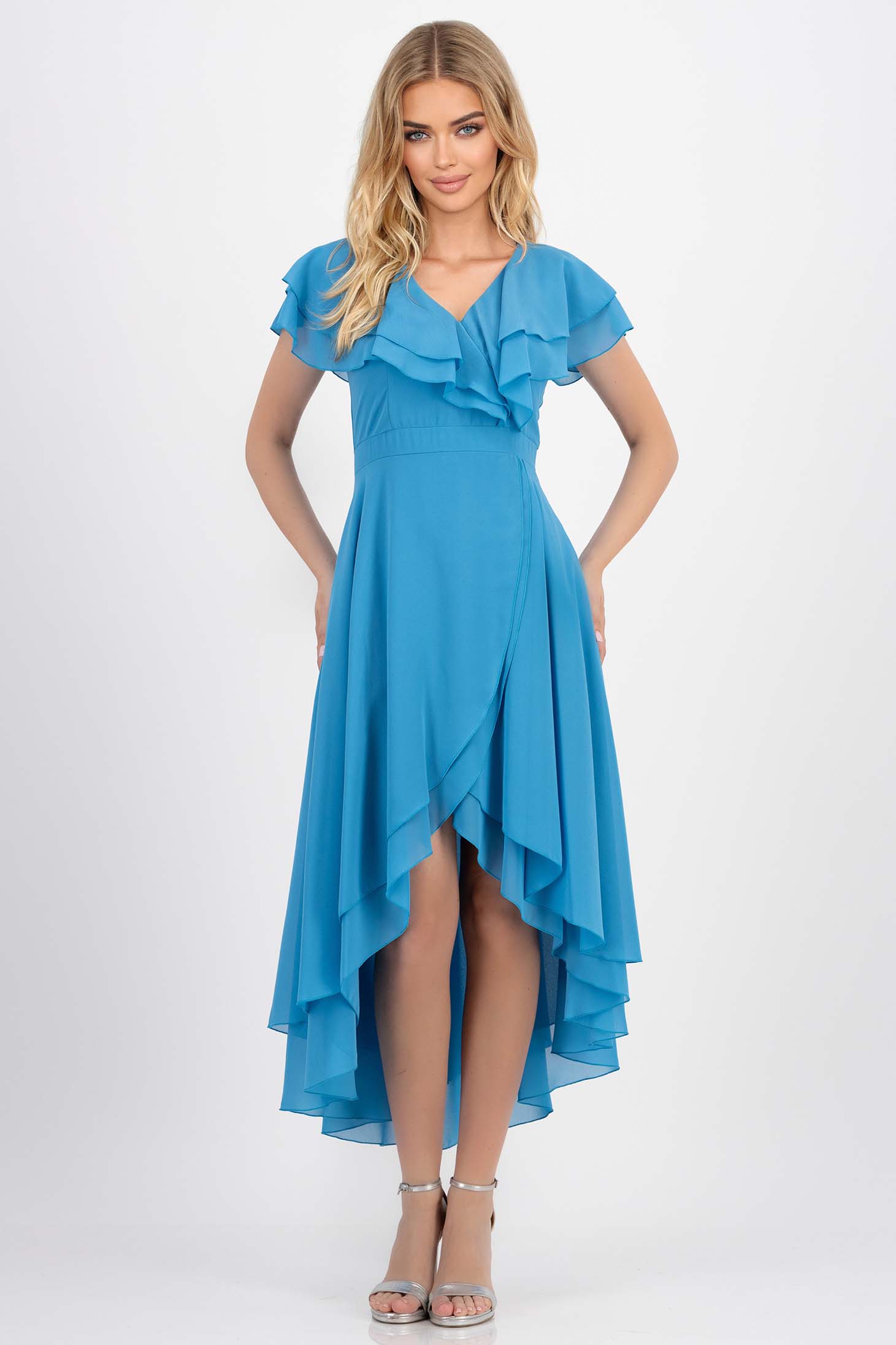 Rochie din voal albastru aqua midi asimetrica in clos cu volanase la maneca - StarShinerS 1 - StarShinerS.ro