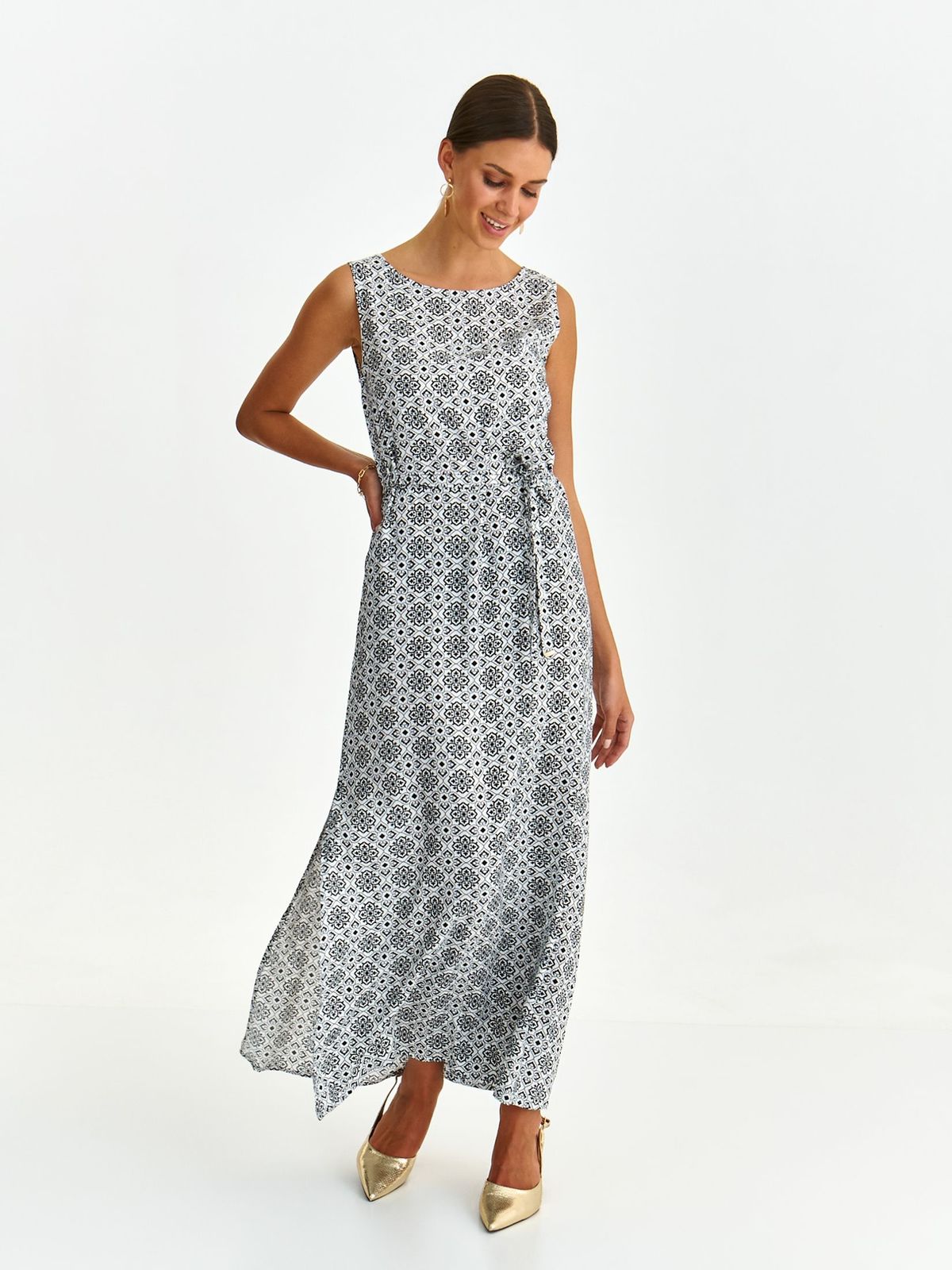 White dress viscose long abstract accessorized with tied waistband