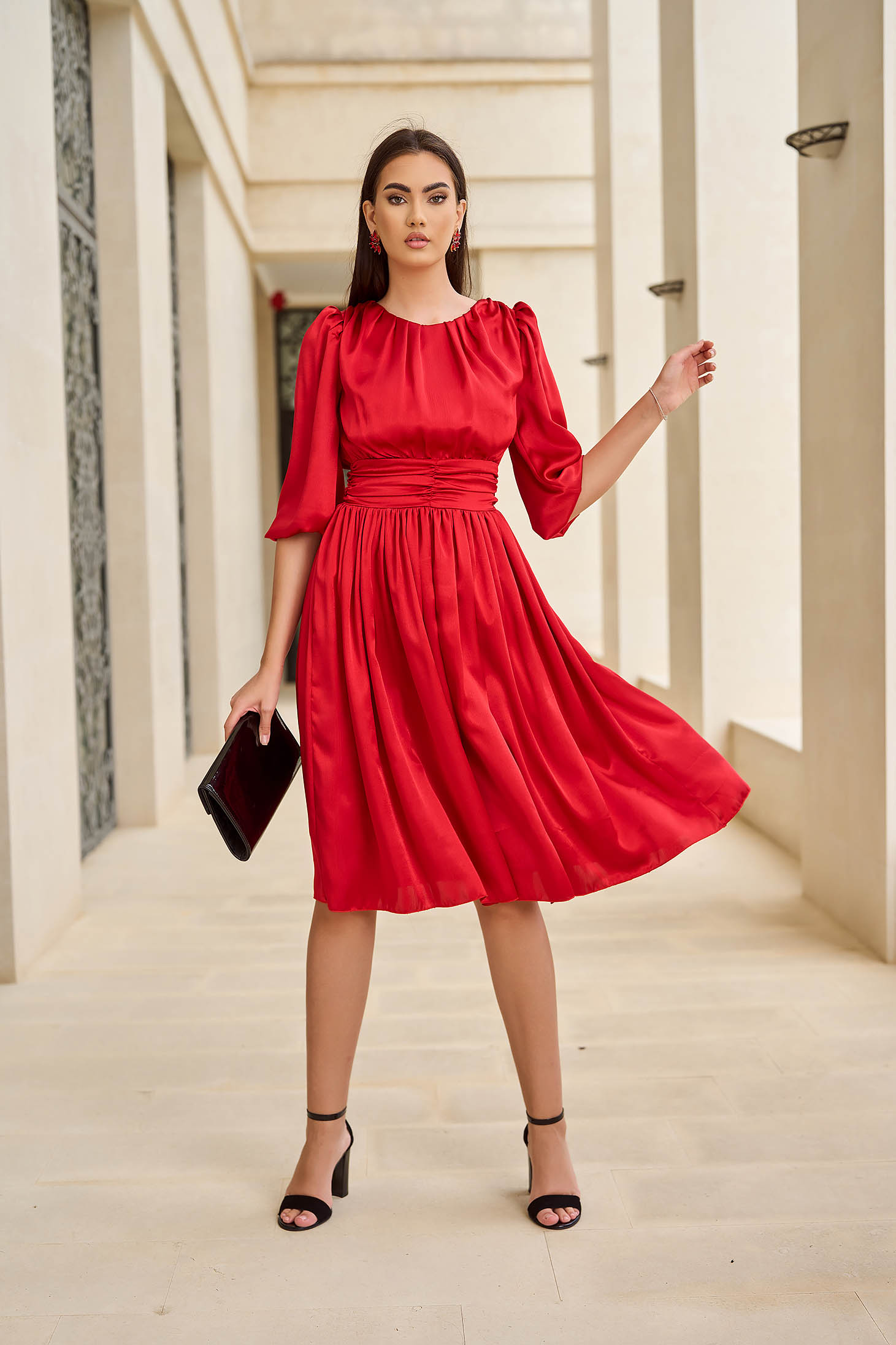 - StarShinerS red midi dress from satin with 3/4 sleeves and puffed sleeves