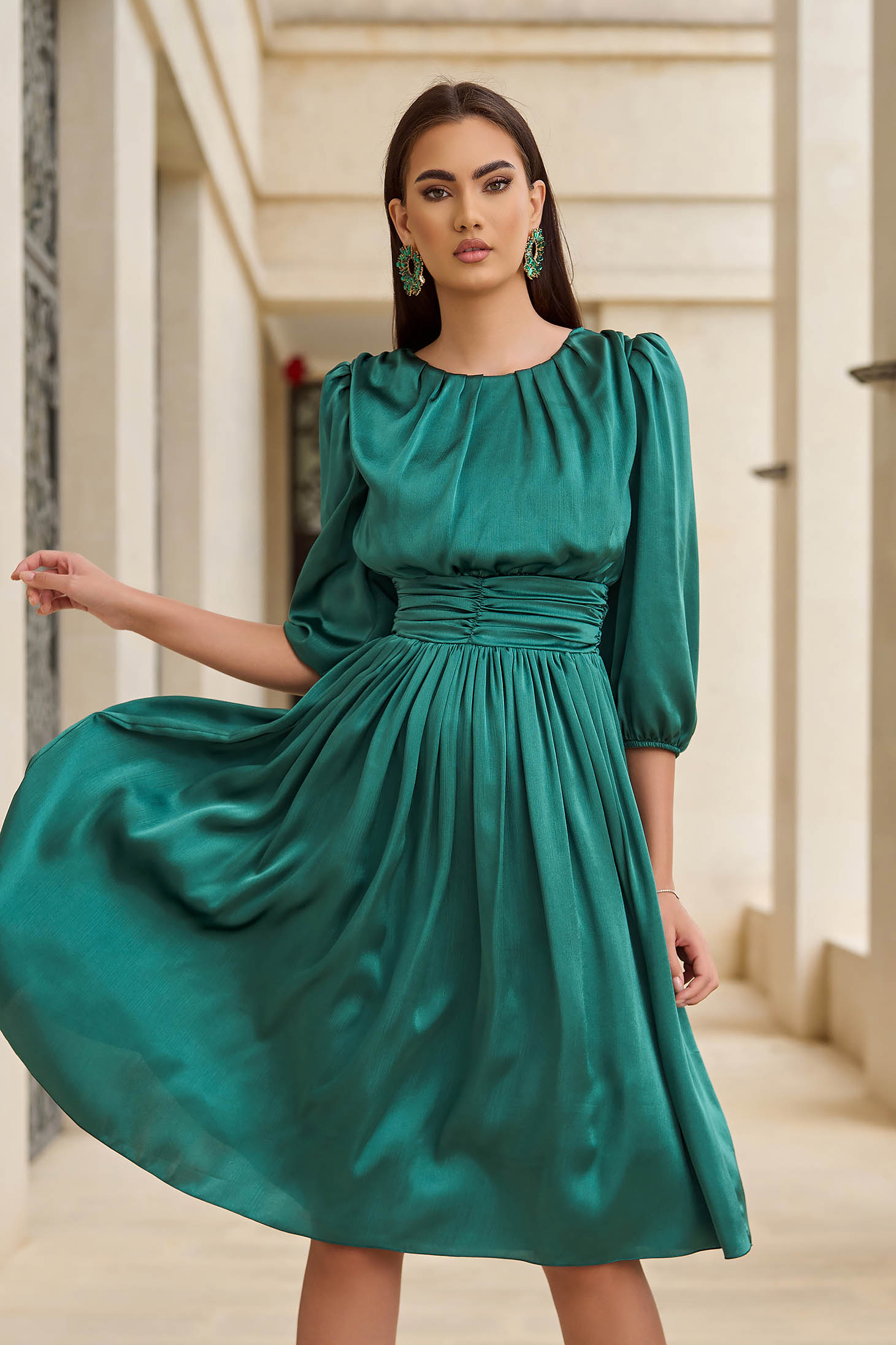 - StarShinerS green midi dress from satin with 3/4 sleeves and puffed sleeves