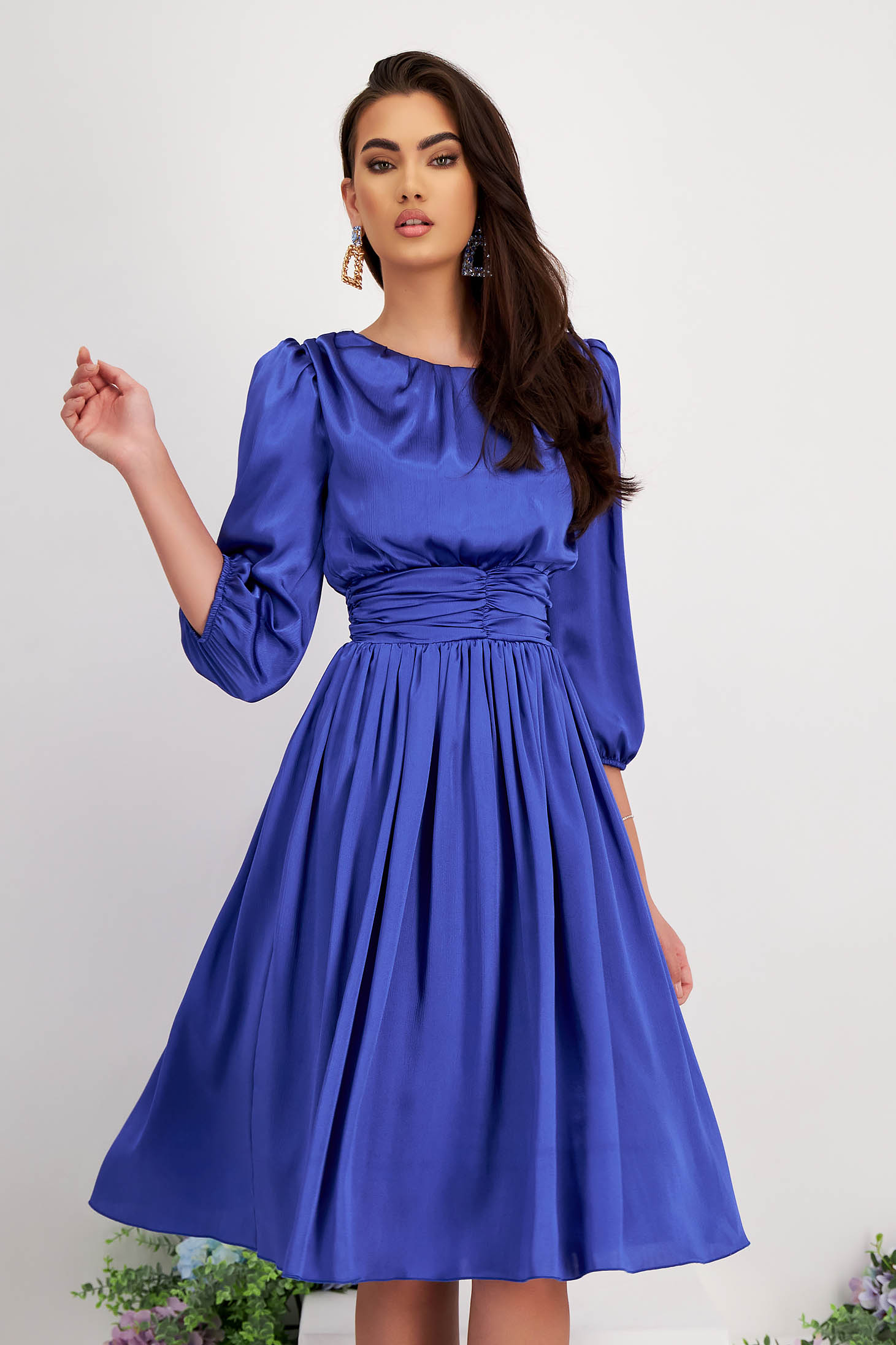 - StarShinerS StarShinerS blue midi dress from satin with 3/4 sleeves and puffed sleeves