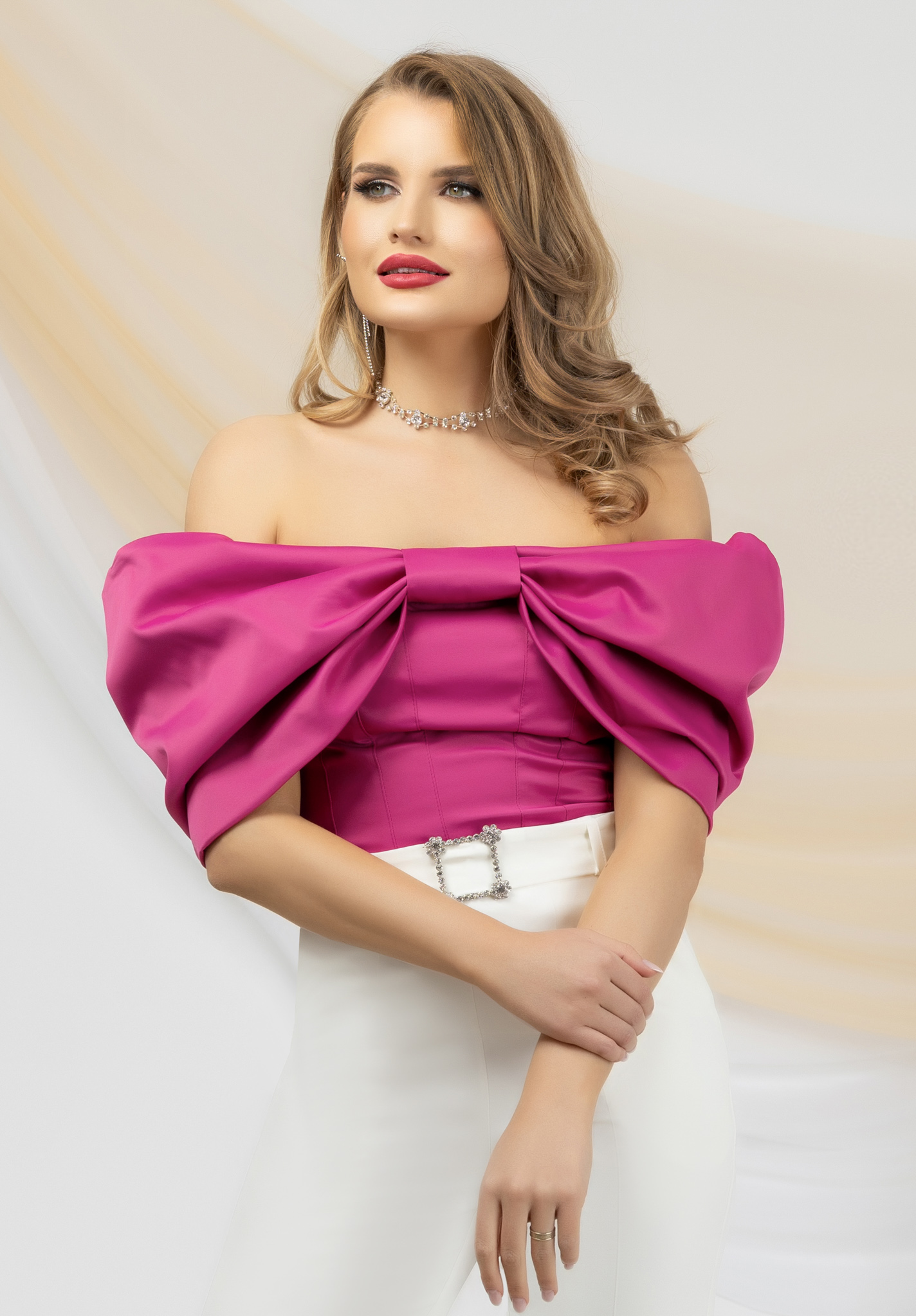 Fuchsia women`s blouse elastic cloth tented with bow