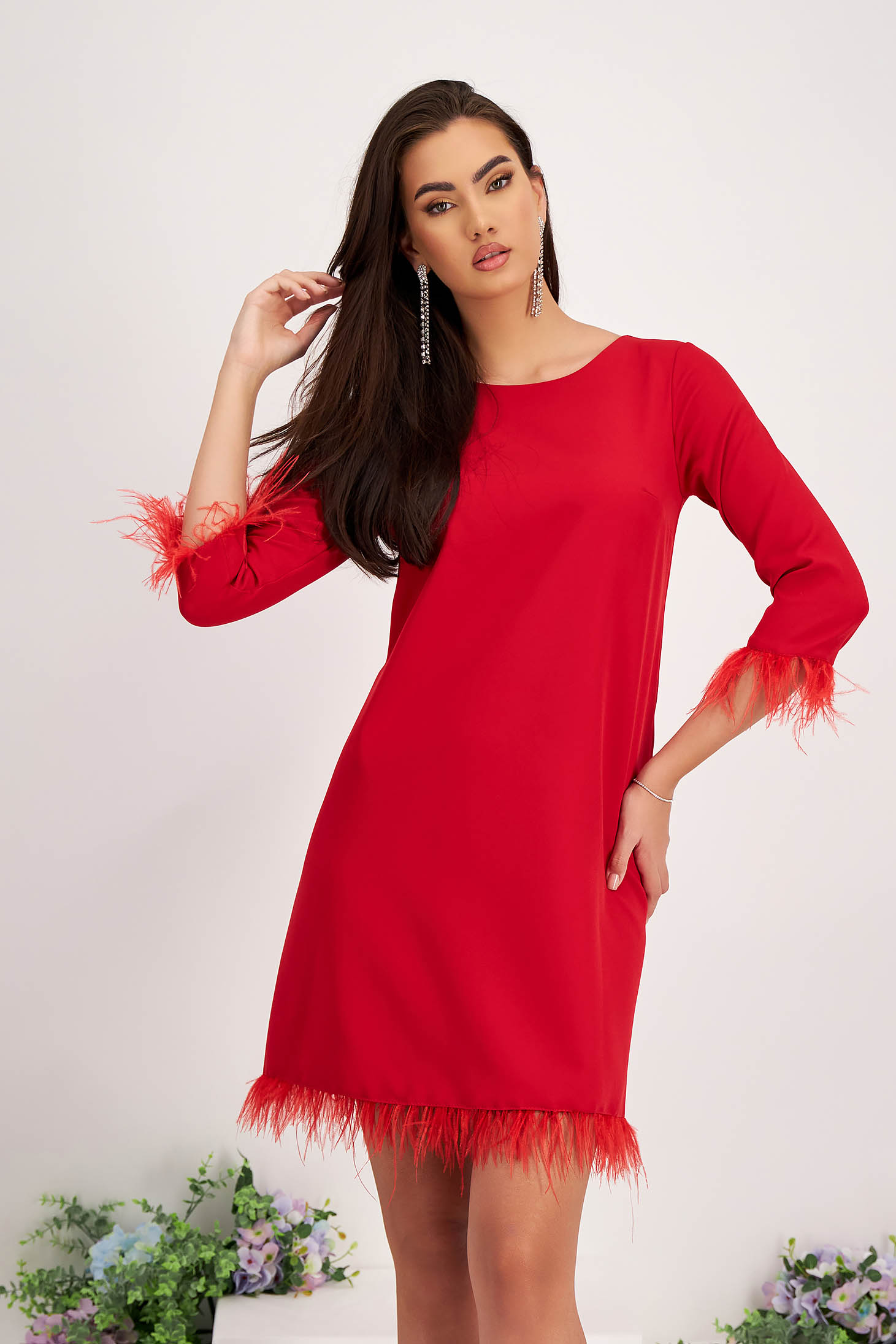 - StarShinerS red dress elastic cloth midi loose fit feather details