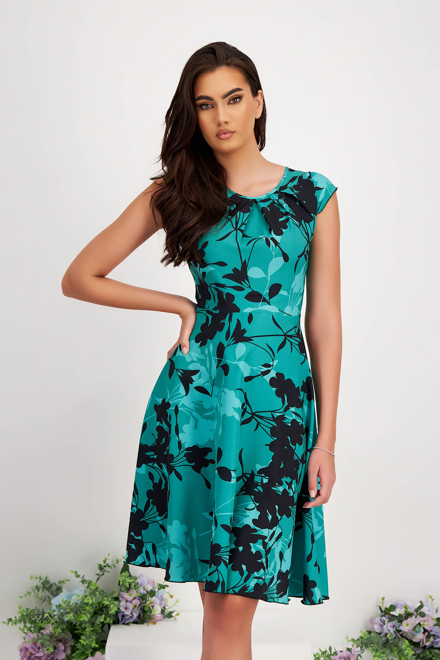 Satin A-line Dress with Rounded Neckline and Digital Floral Print - StarShinerS