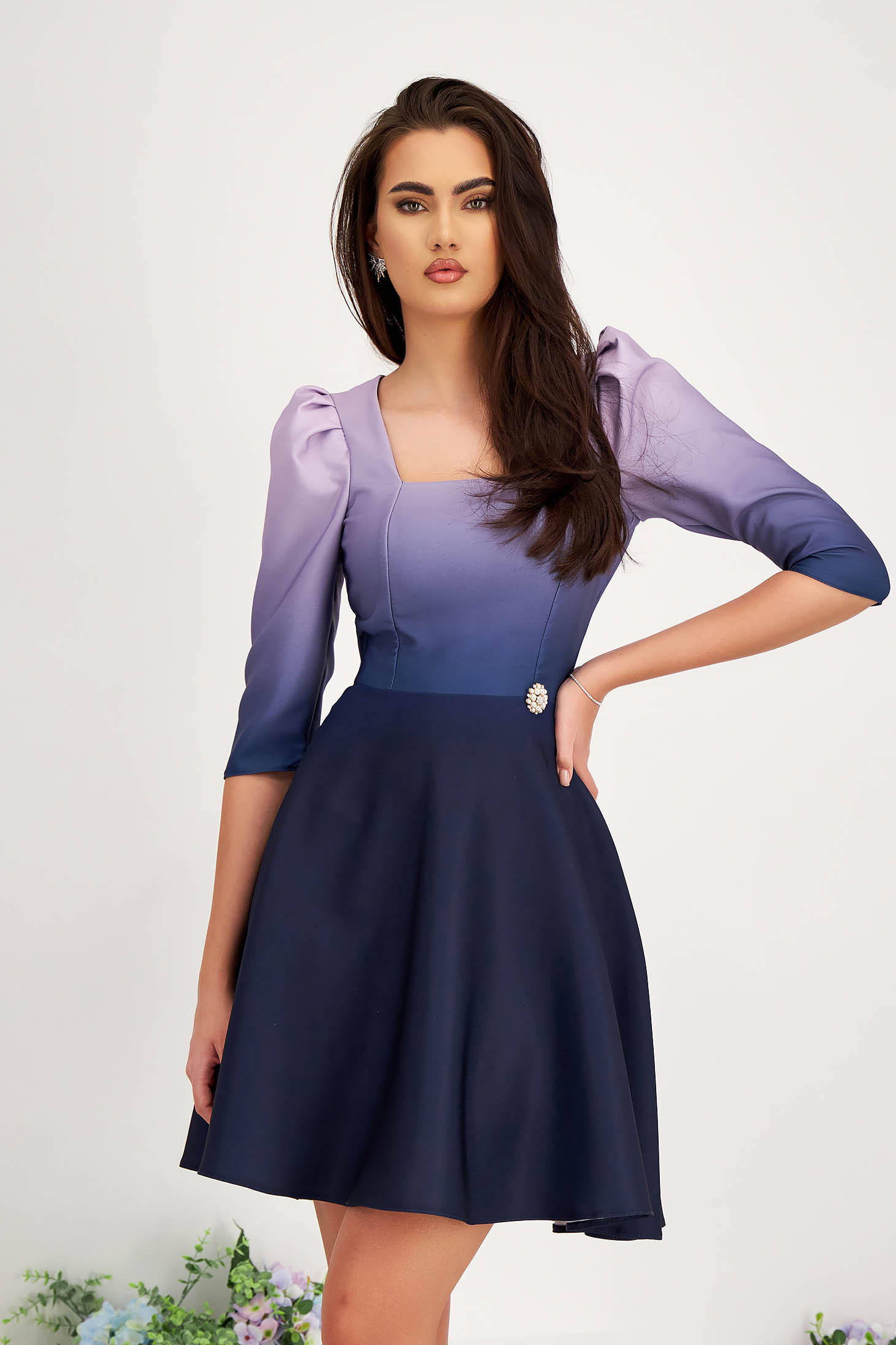 - StarShinerS purple dress short cut cloche elastic cloth high shoulders