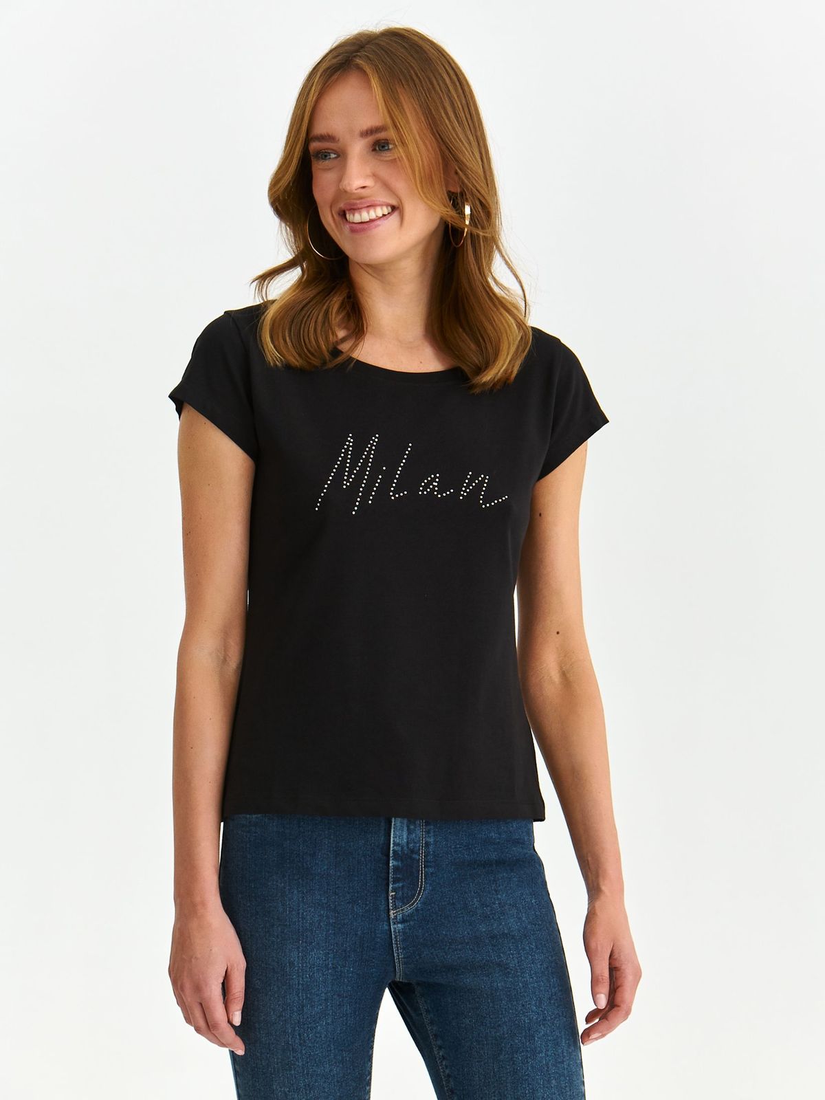 Black t-shirt cotton loose fit crystal inscriptions