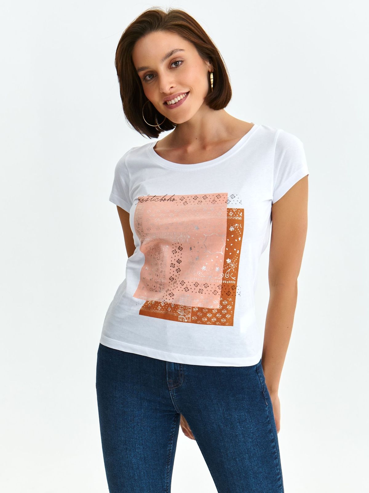 White t-shirt cotton loose fit with print details