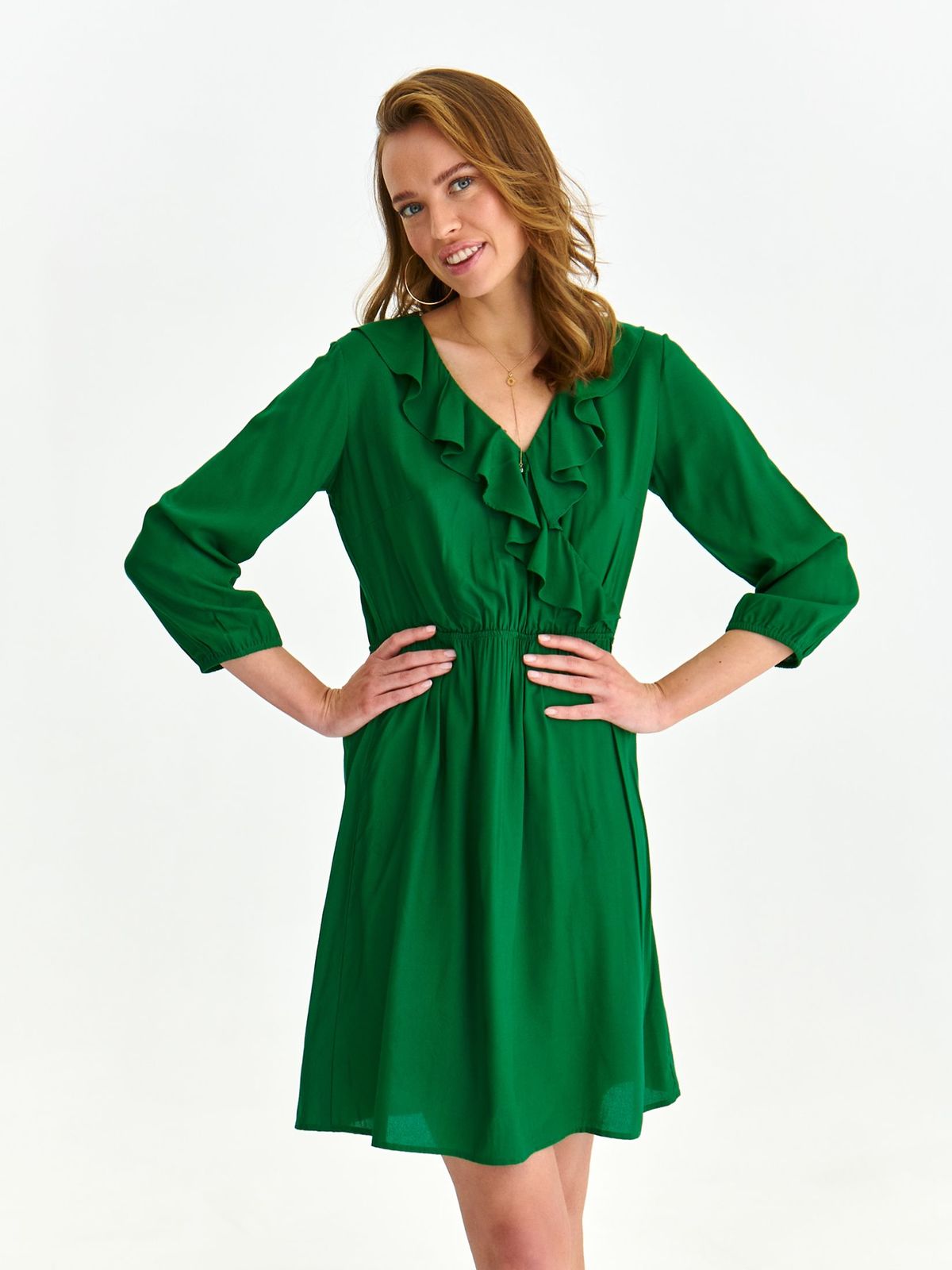 Rochie din material fluid verde scurta in clos cu elastic in talie si volanase pe linia decolteului - Top Secret
