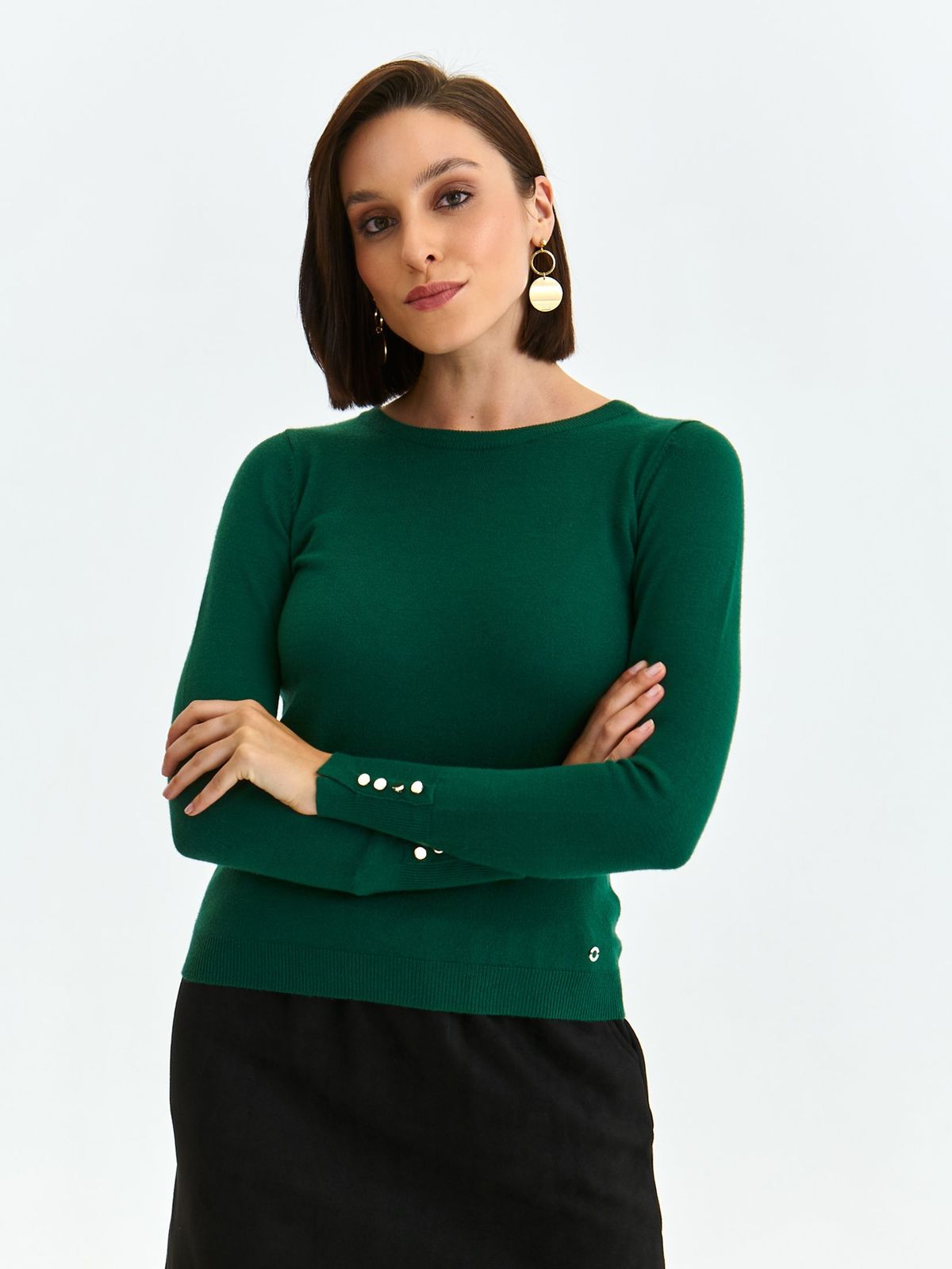 Pulover din tricot subtire verde-inchis accesorizat cu nasturi la maneci - Top Secret