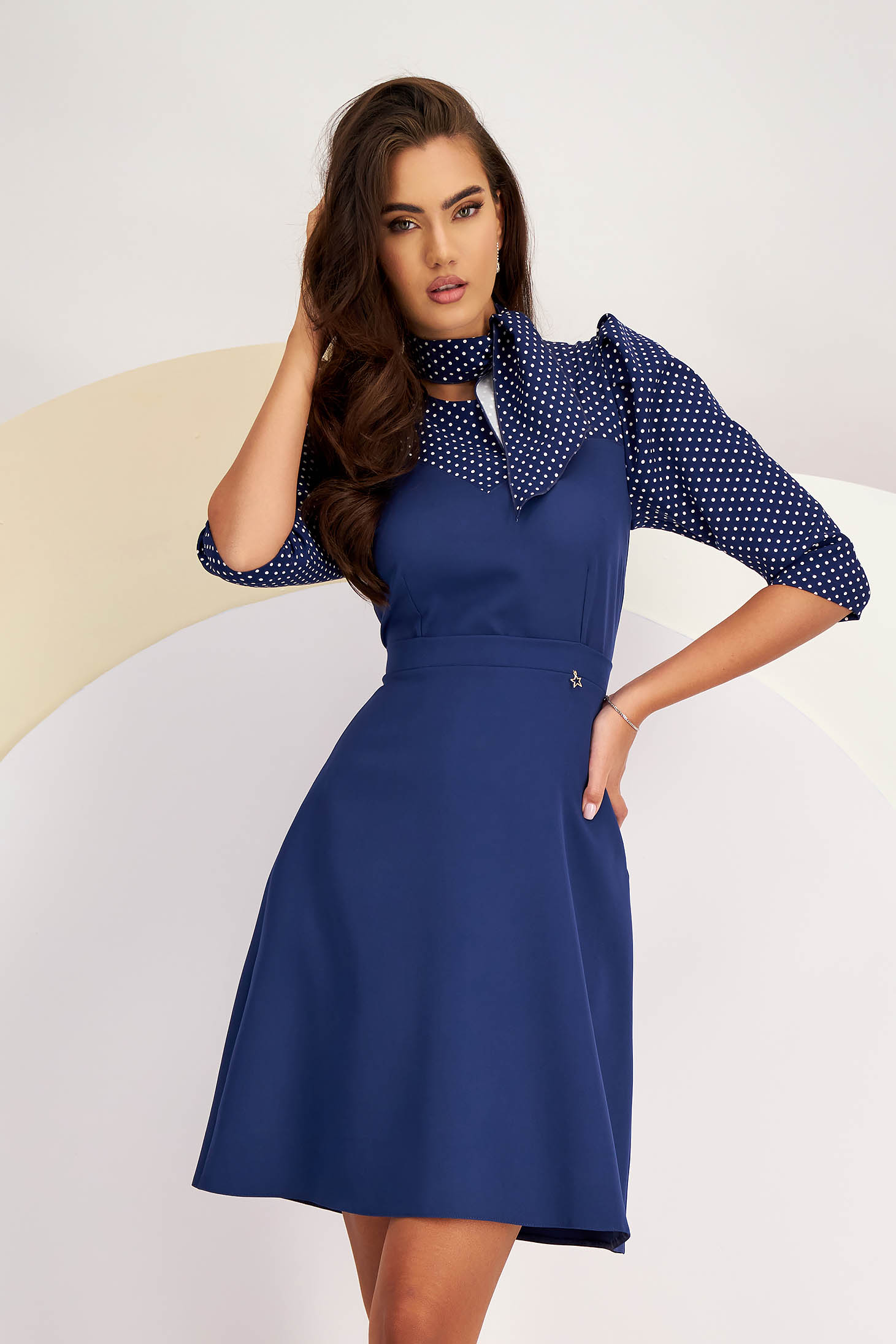 Navy Blue Short Elastic Fabric Dress in Clos with Puffy Shoulders - StarShinerS