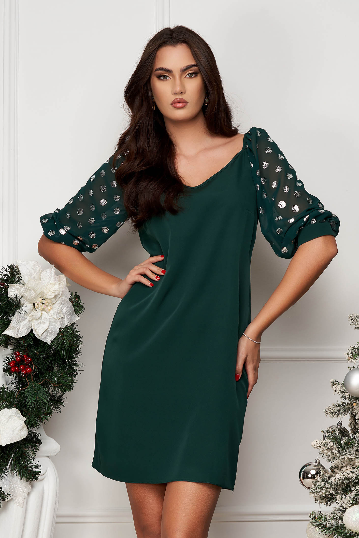 Dark Green Stretch Fabric Short Dress with Straight Cut and Puff Sleeves from Tulle - StarShinerS