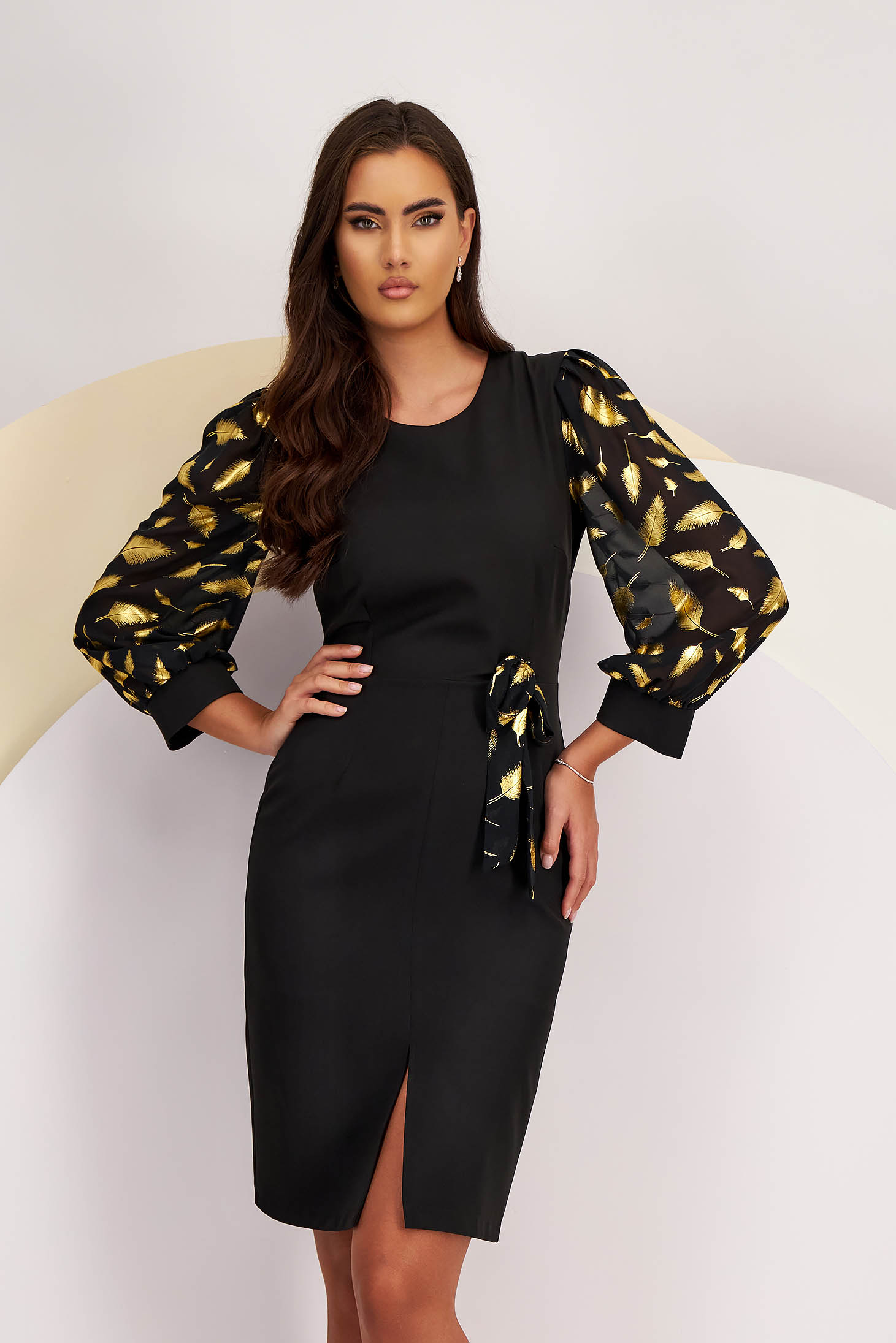 Black Stretch Fabric Knee-Length Pencil Dress with Sheer Puff Sleeves - StarShinerS