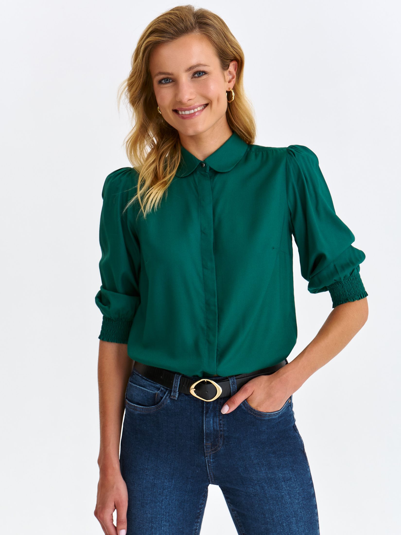 Green women`s shirt thin fabric loose fit high shoulders