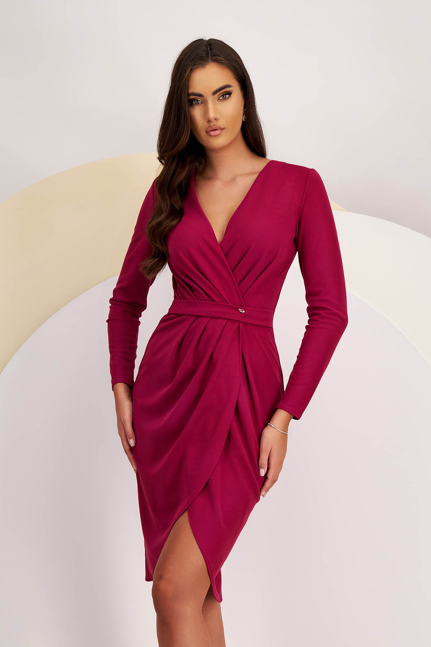 Raspberry Crepe Dress Knee-Length with Wrapped Look - StarShinerS