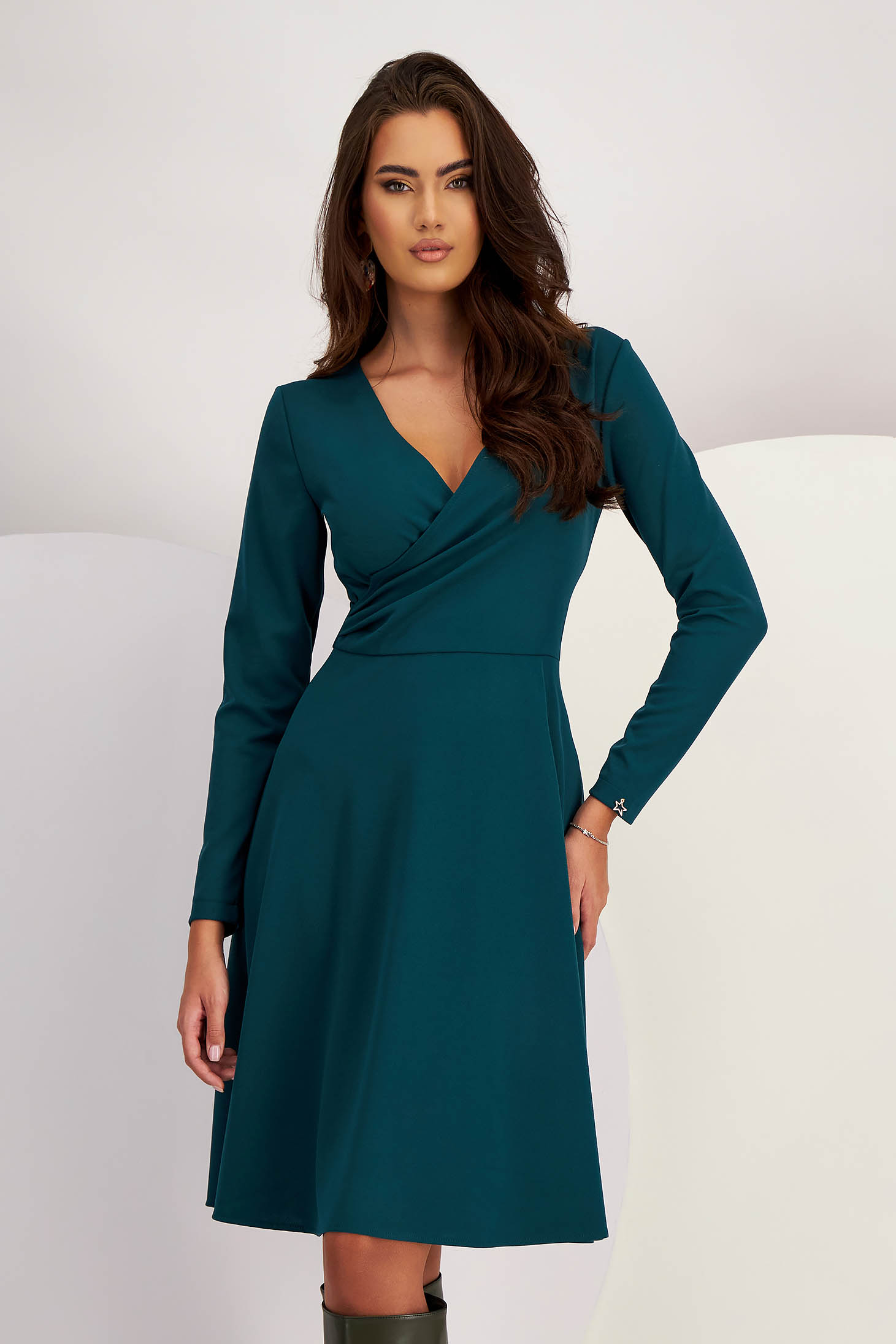 Dark Green Crepe Knee-Length A-Line Dress with Crossover Neckline - StarShinerS