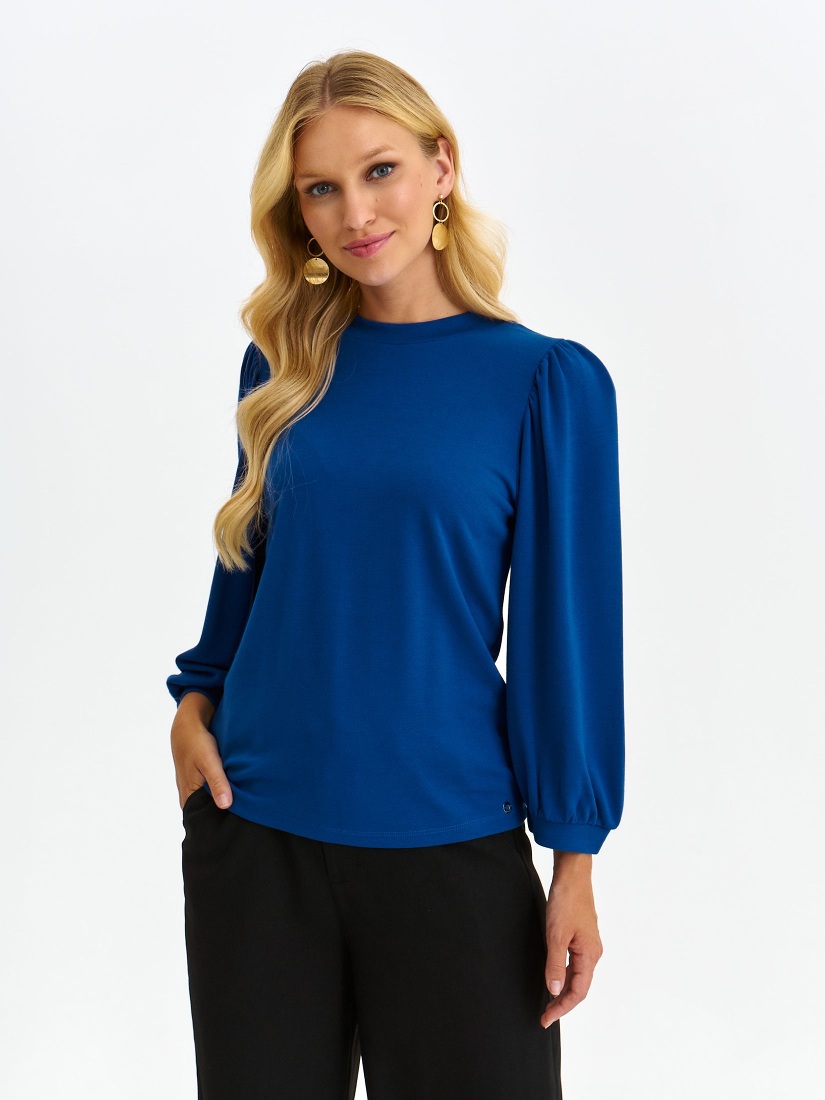 Blue women`s blouse thin fabric loose fit with puffed sleeves