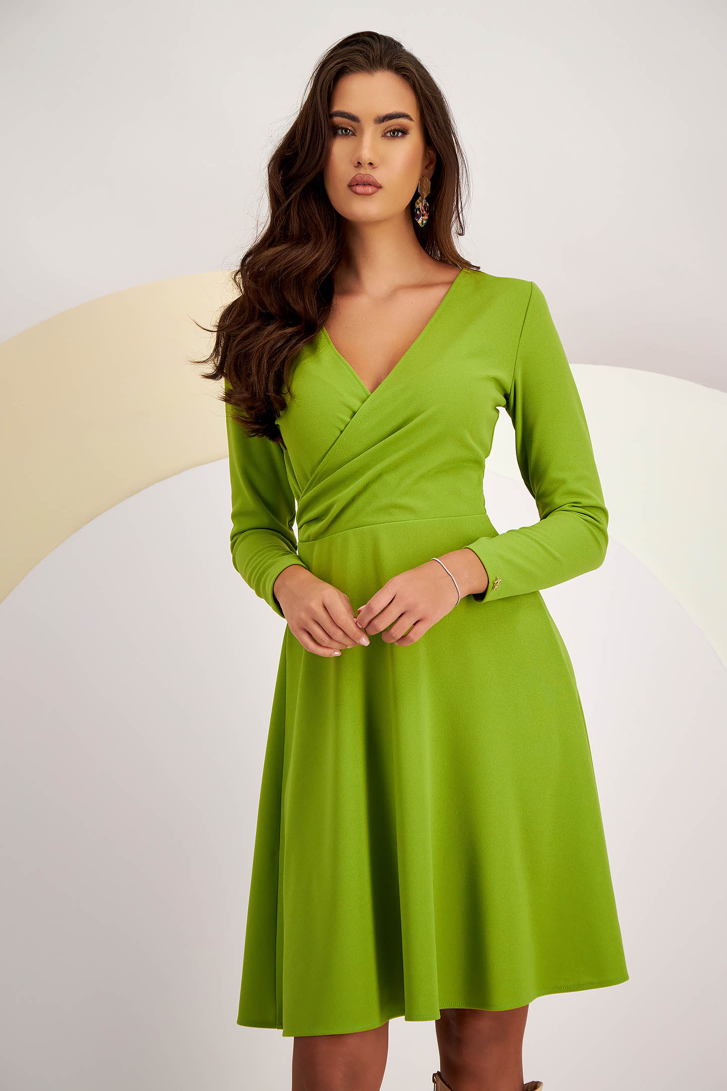 Olive Green Crepe Dress Knee-Length A-line with Crossover Neckline - StarShinerS