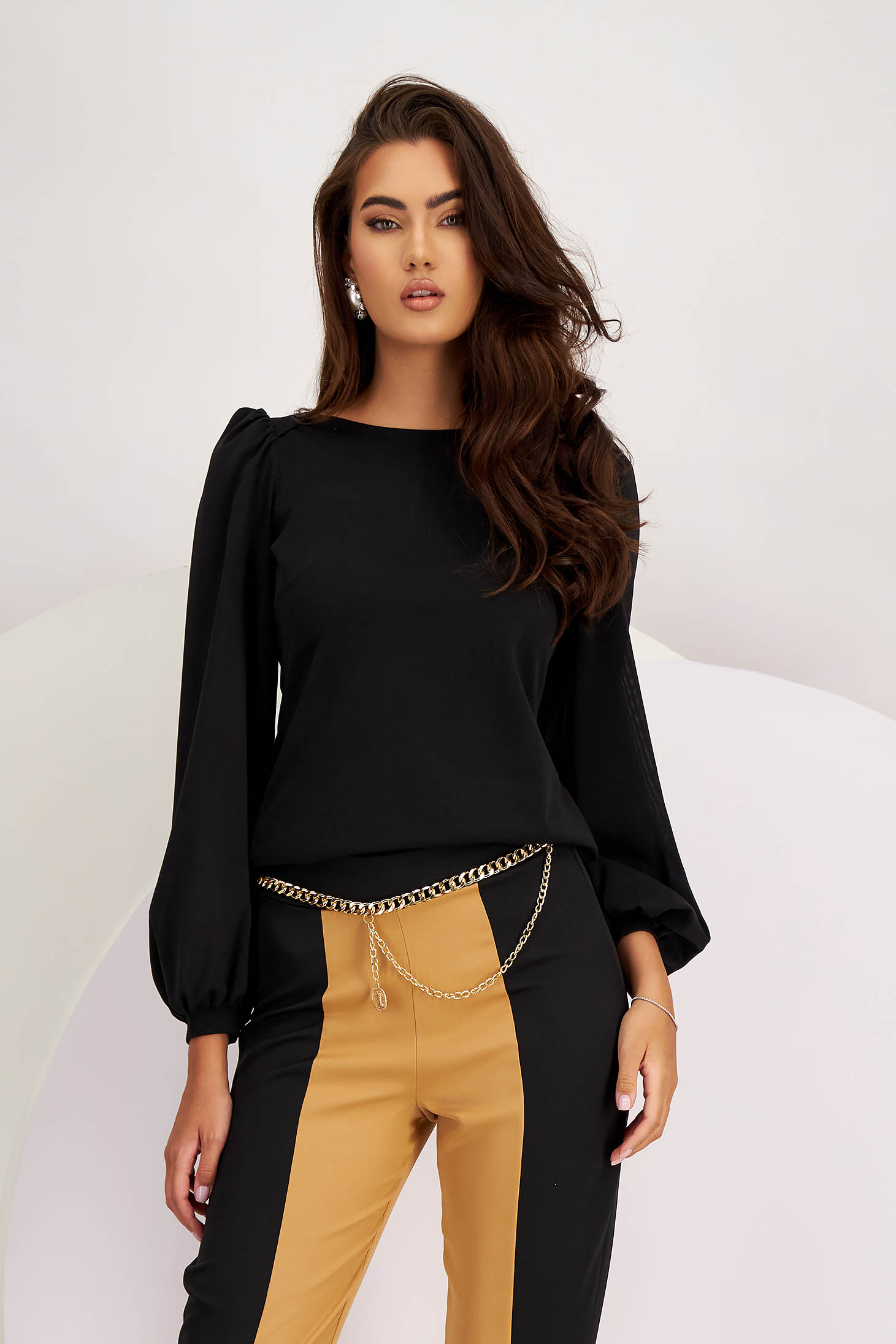 - StarShinerS black women`s blouse crepe tented with puffed sleeves with veil sleeves