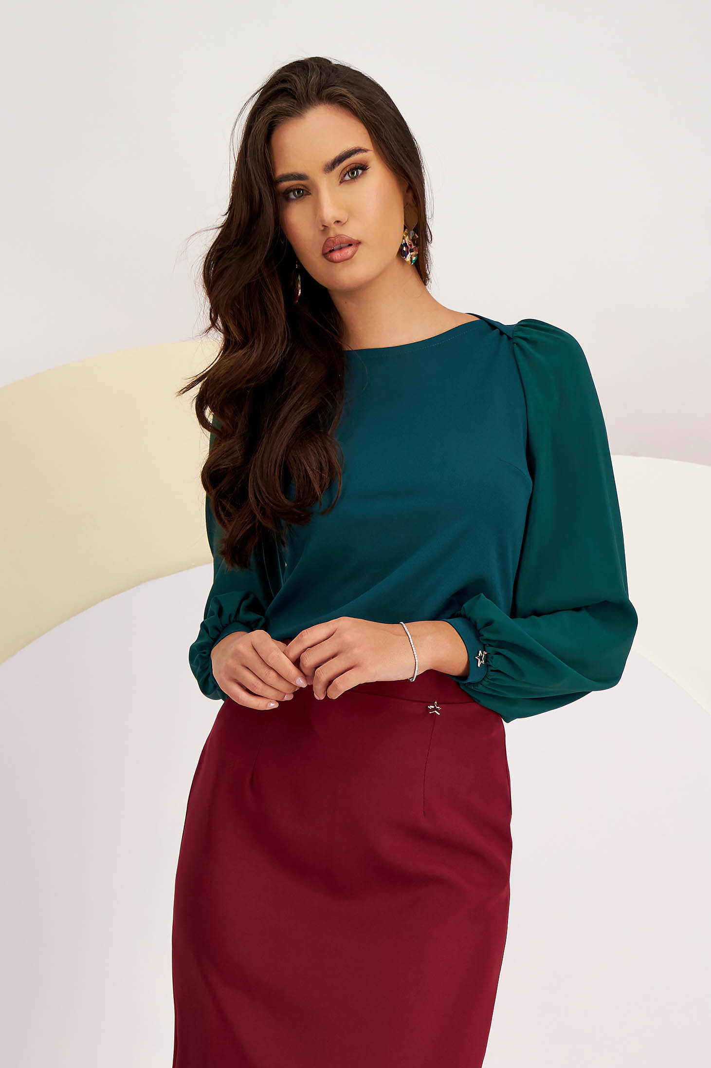 Dark Green Crepe Ladies Blouse with Puffed Voile Sleeves - StarShinerS
