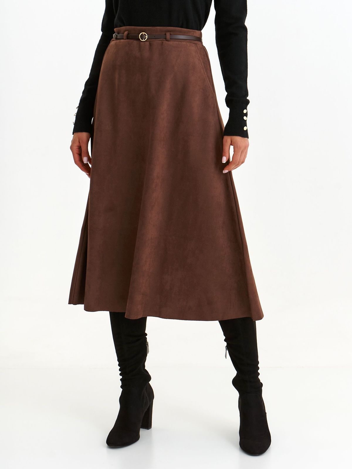 Brown skirt from ecological leather from suede midi cloche accessorized with belt
