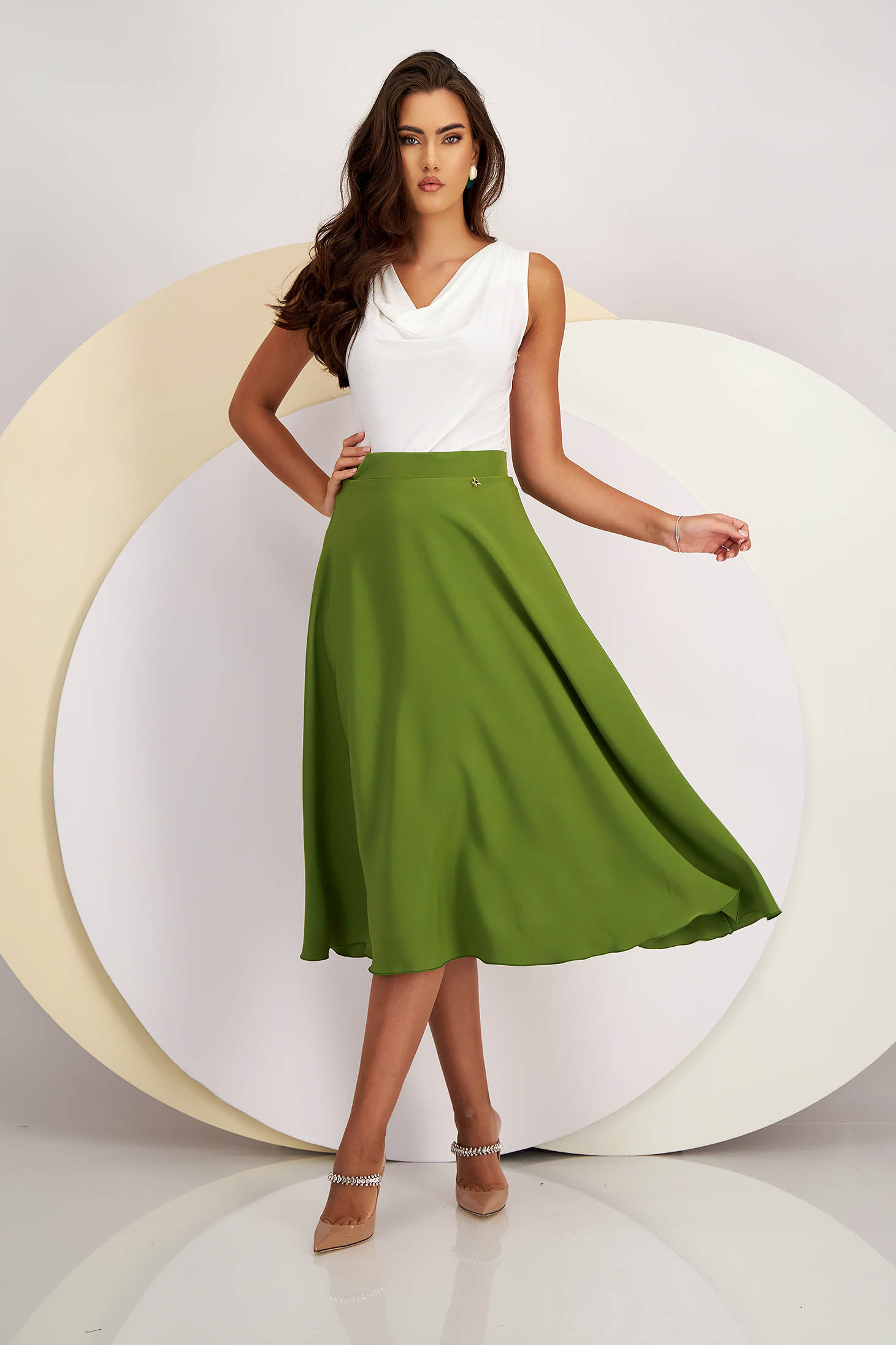 Midi Khaki Elastic Fabric Skirt in Flare - StarShinerS